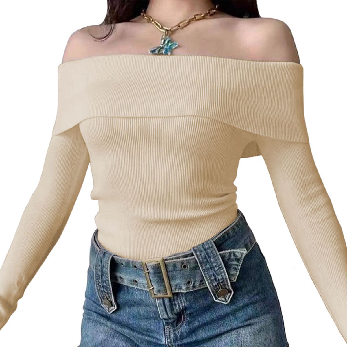 GENERICO - Polo Mujer Rumbera Manga Larga Rib Grueso New 710-16 Color Beige