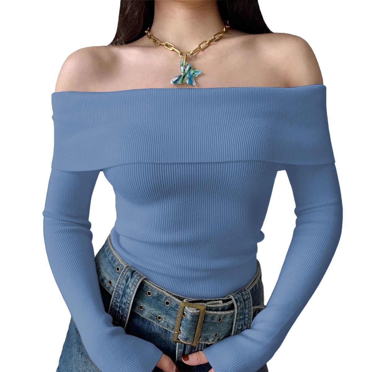 GENERICO - Polo Mujer Rumbera Manga Larga Rib Grueso New 710-16 Color Celeste