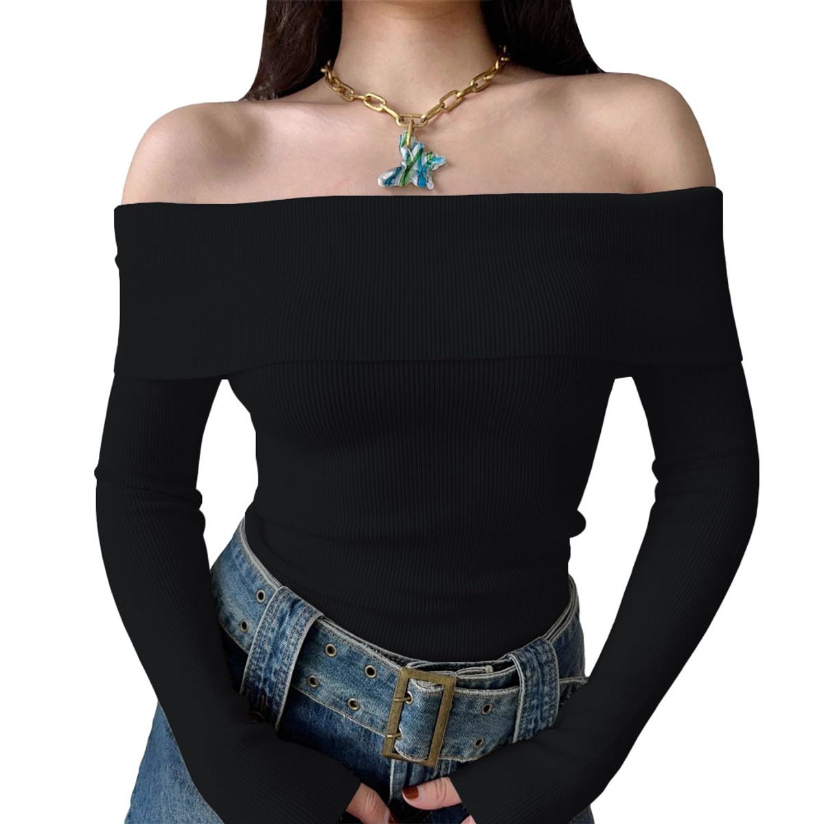 GENERICO - Polo Mujer Rumbera Manga Larga Rib Grueso New 710-16 Color Negro