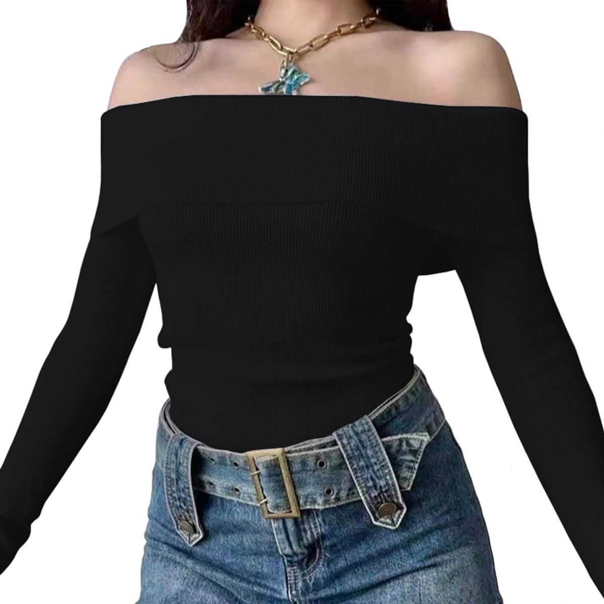 GENERICO - Polo Mujer Rumbera Manga Larga Rib Grueso New 710-16 Color Negro