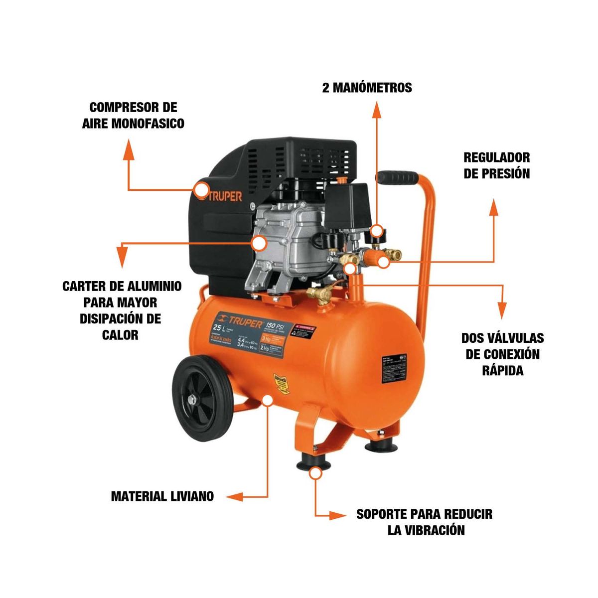 TRUPER - COMPRESORA DE AIRE HORIZONTAL 25 LITROS NARANJA 11836 TRUPER