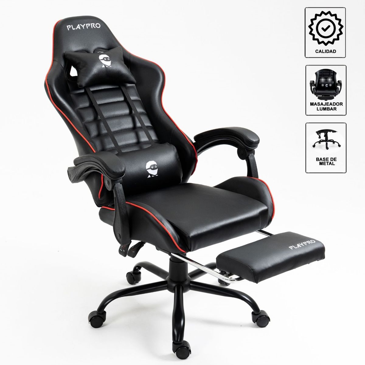 PLAYPRO - Silla Gamer con Masajeador Lumbar Playpro X1 Rojo Base de Metal