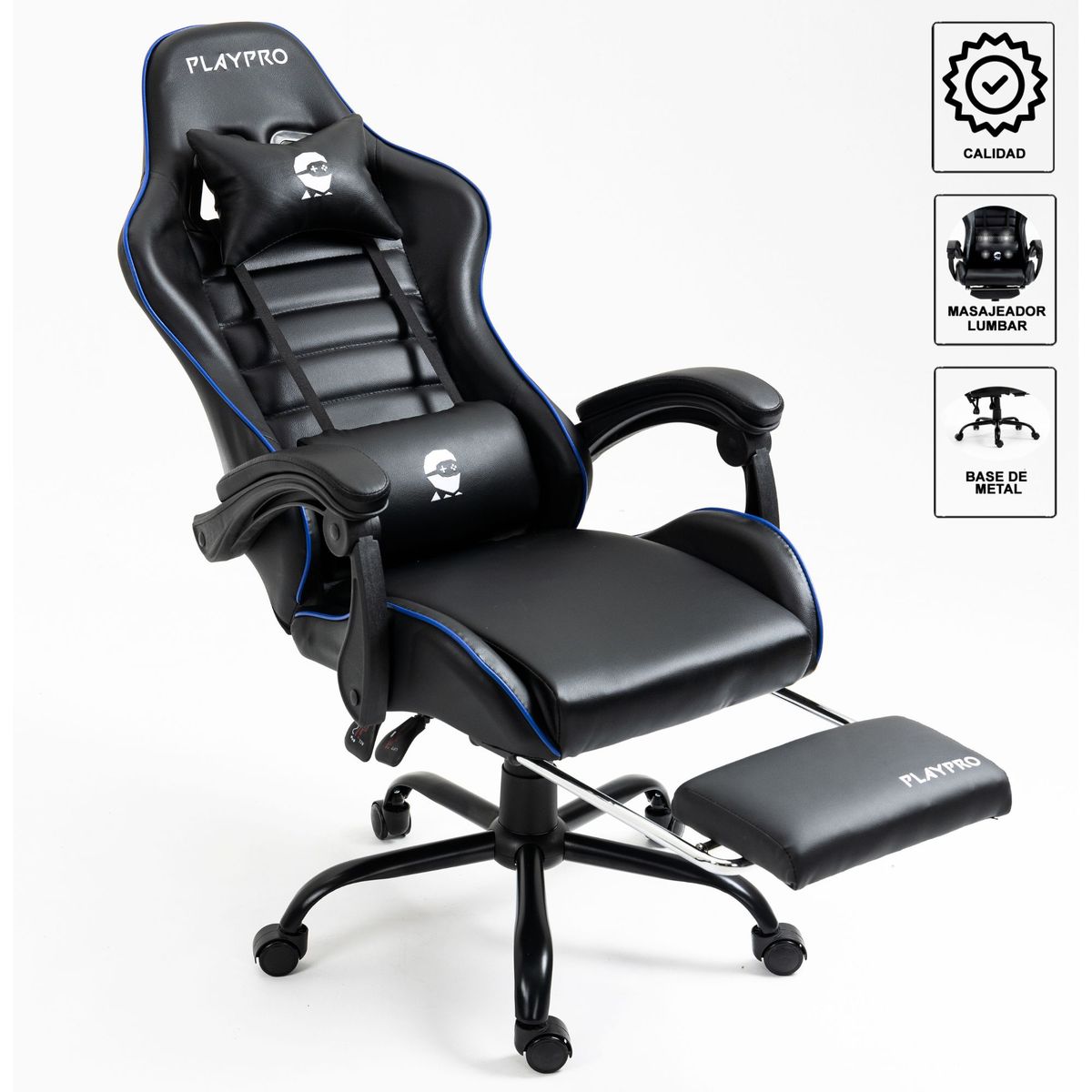 PLAYPRO - Silla Gamer con Masajeador Lumbar Playpro X1 Azul Base de Metal