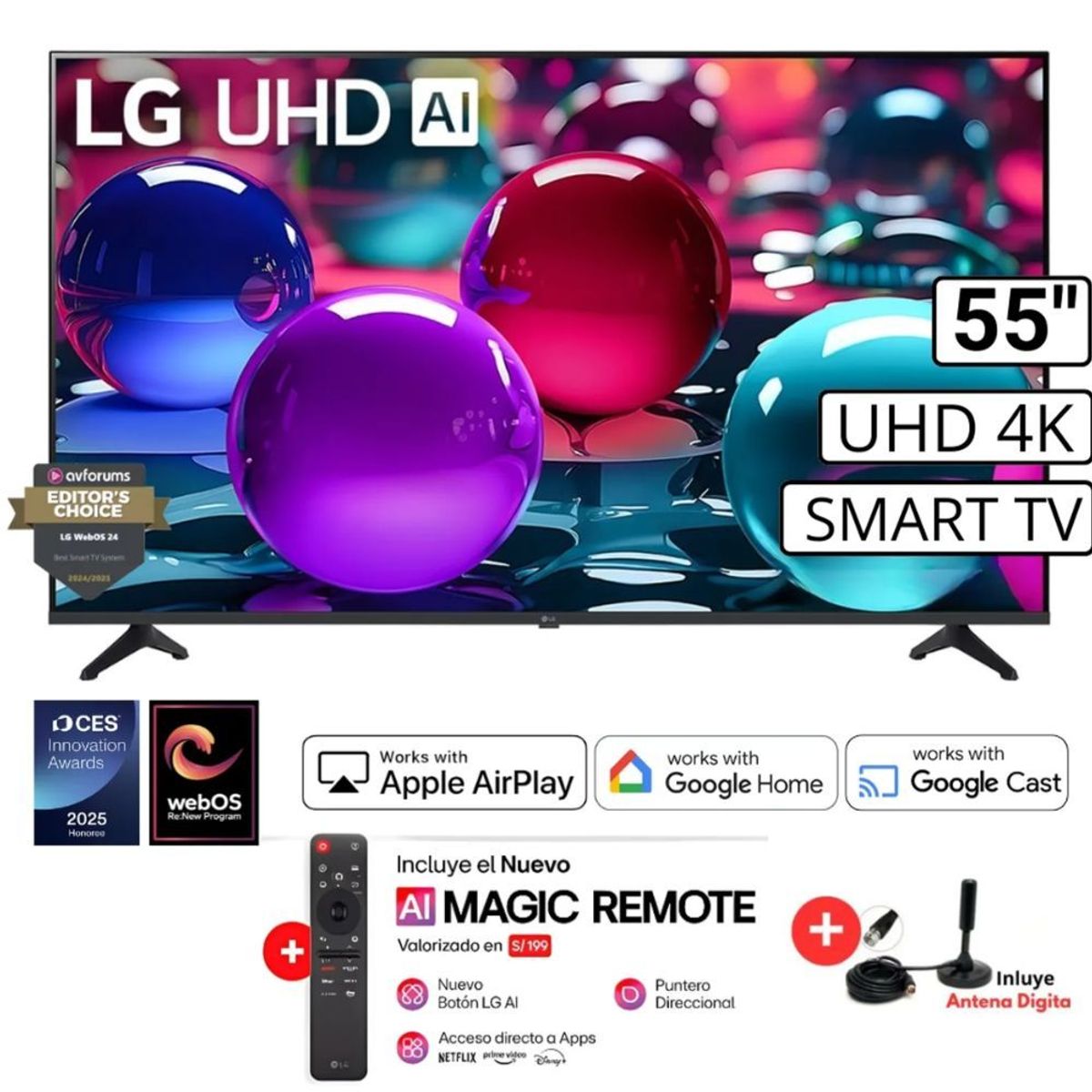 LG - Televisor Lg 55" Ultra HD 4K AI ThinQ 55UA7300PSB Modelo 2025 + Antena Digital + Magic Remote