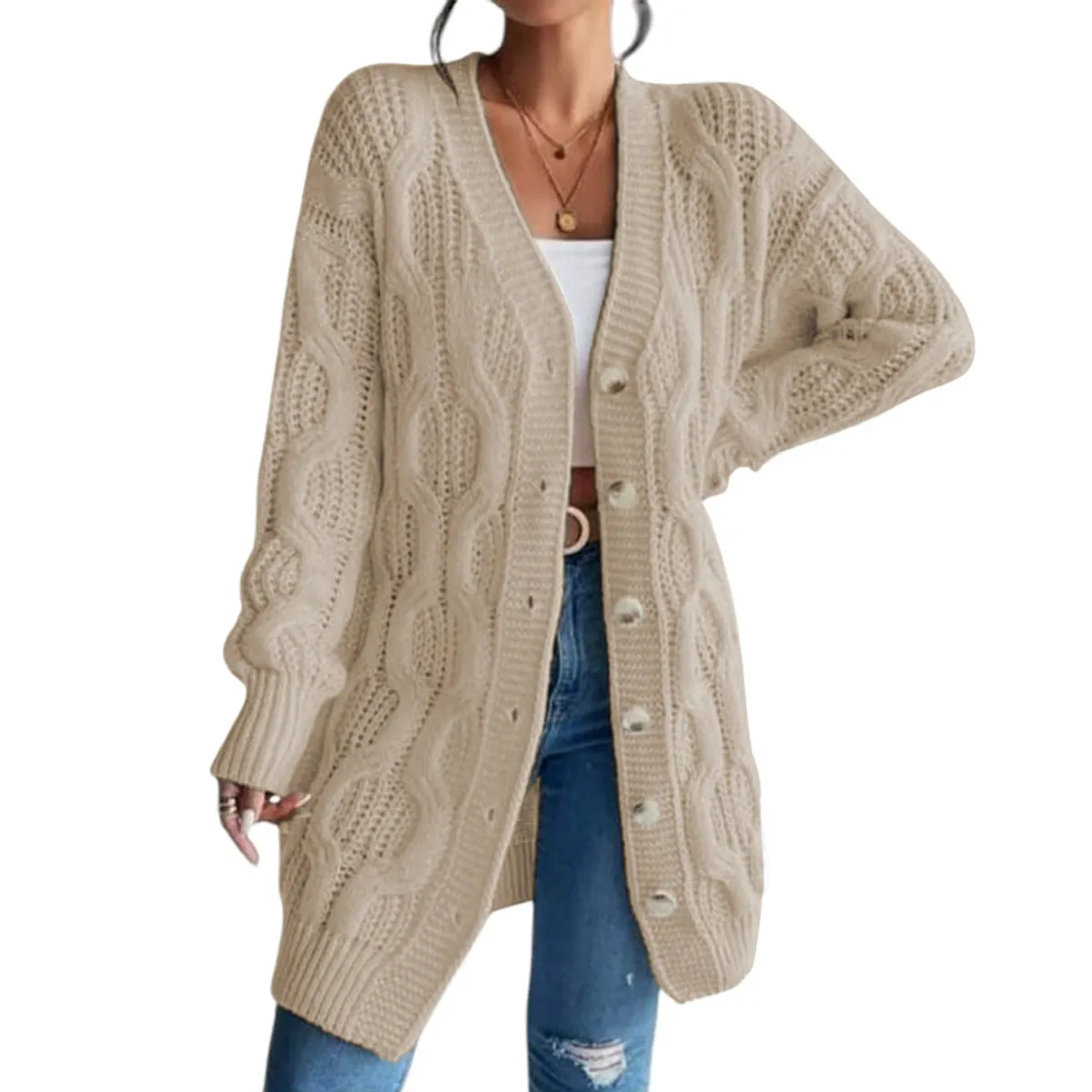 GENERICO - Chompa Mujer Hilo Invierno Botones 127G BRA-32 Color Beige