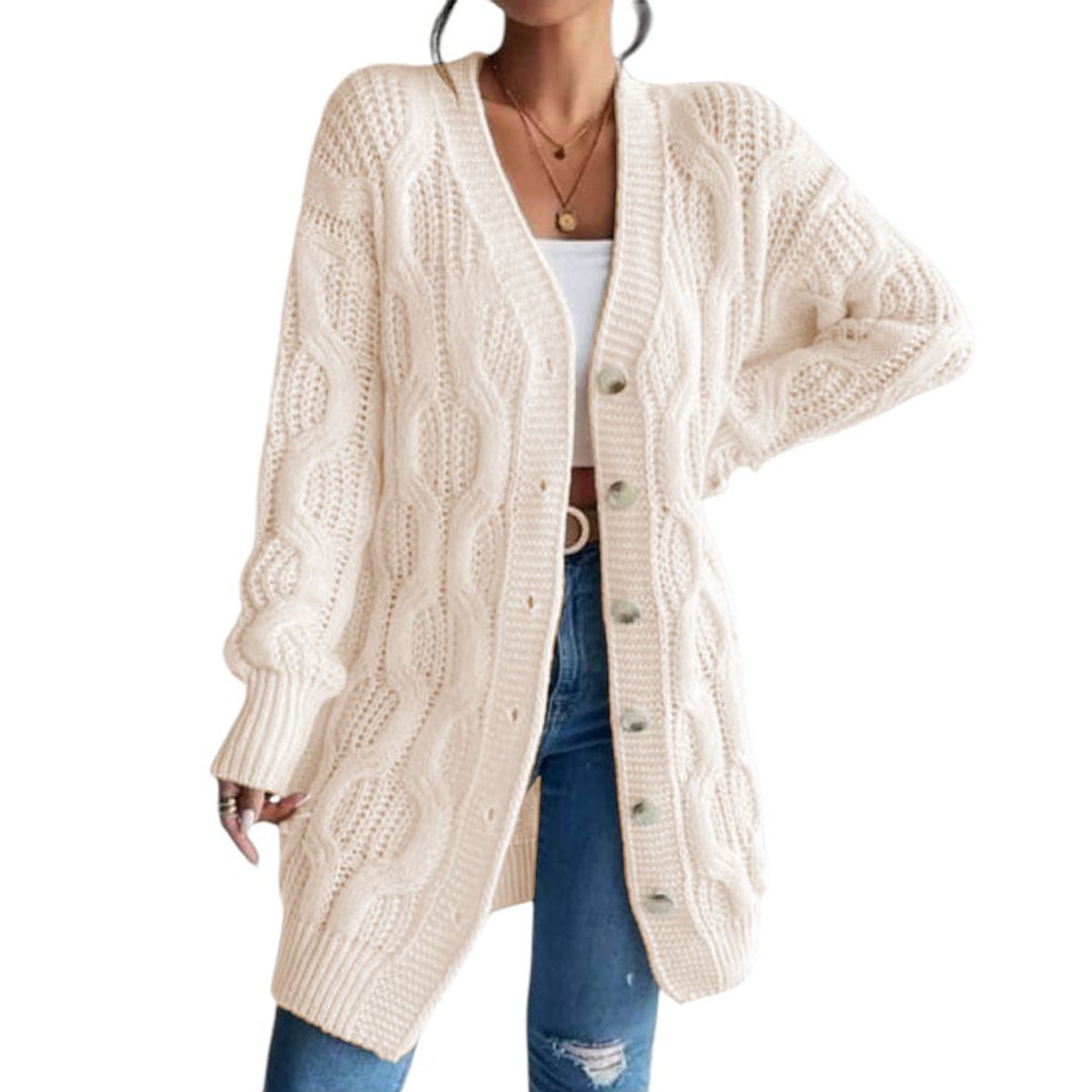 GENERICO - Chompa Mujer Hilo Invierno Botones 127G BRA-32 Color Perla