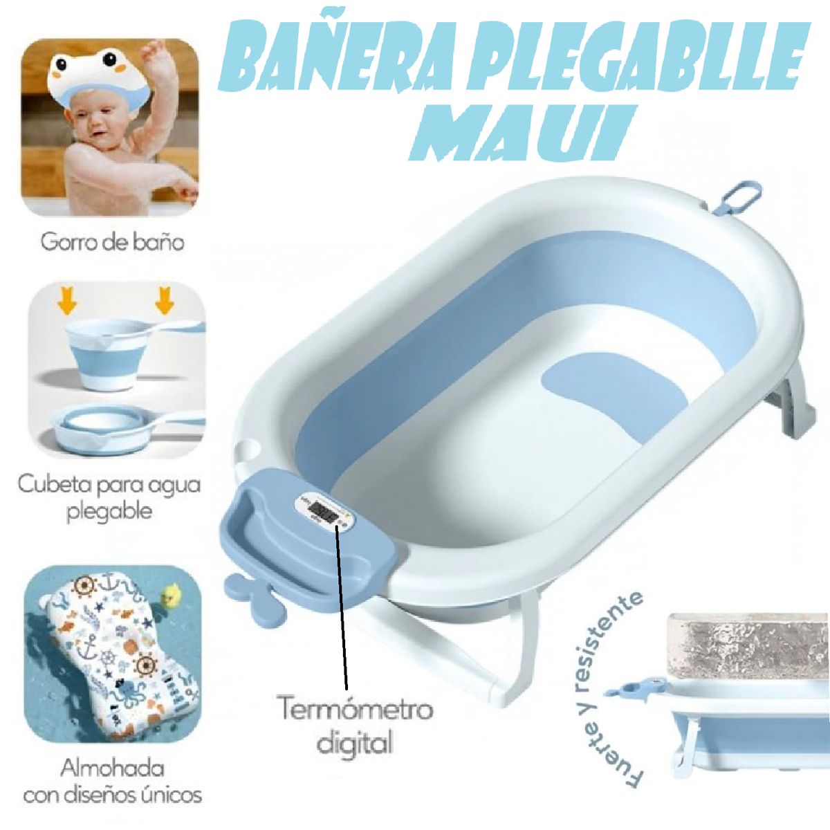 GENERICO - Bañera De bebe Con Termometro Plegable Maui -Azul