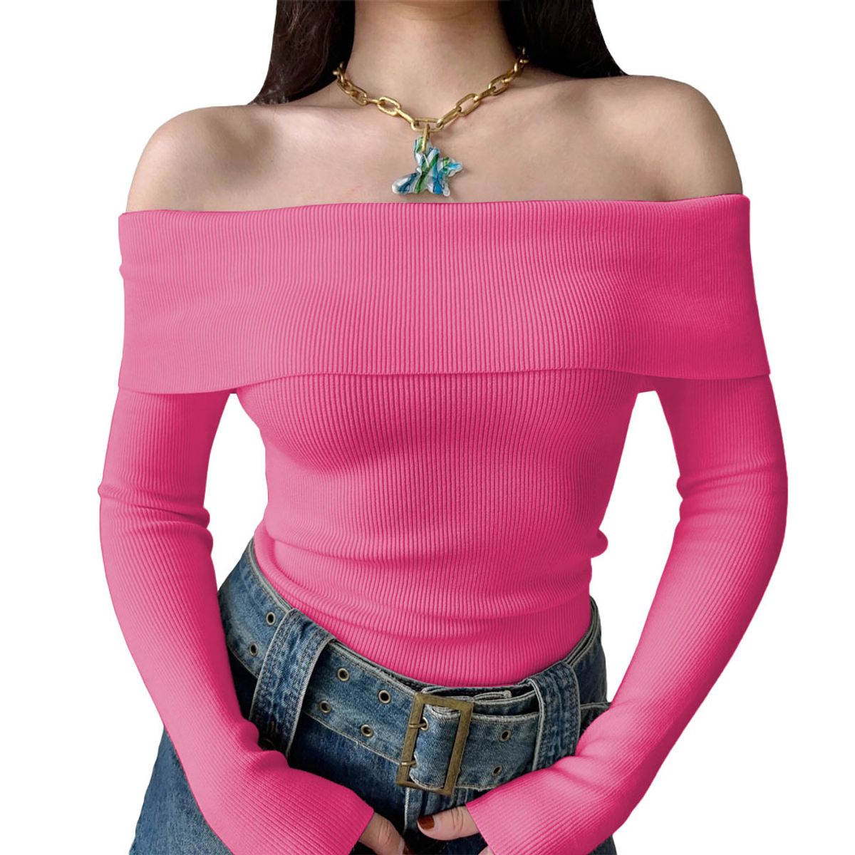 GENERICO - Polo Mujer Rumbera Manga Larga Rib Grueso New 710-16 Color Salmon