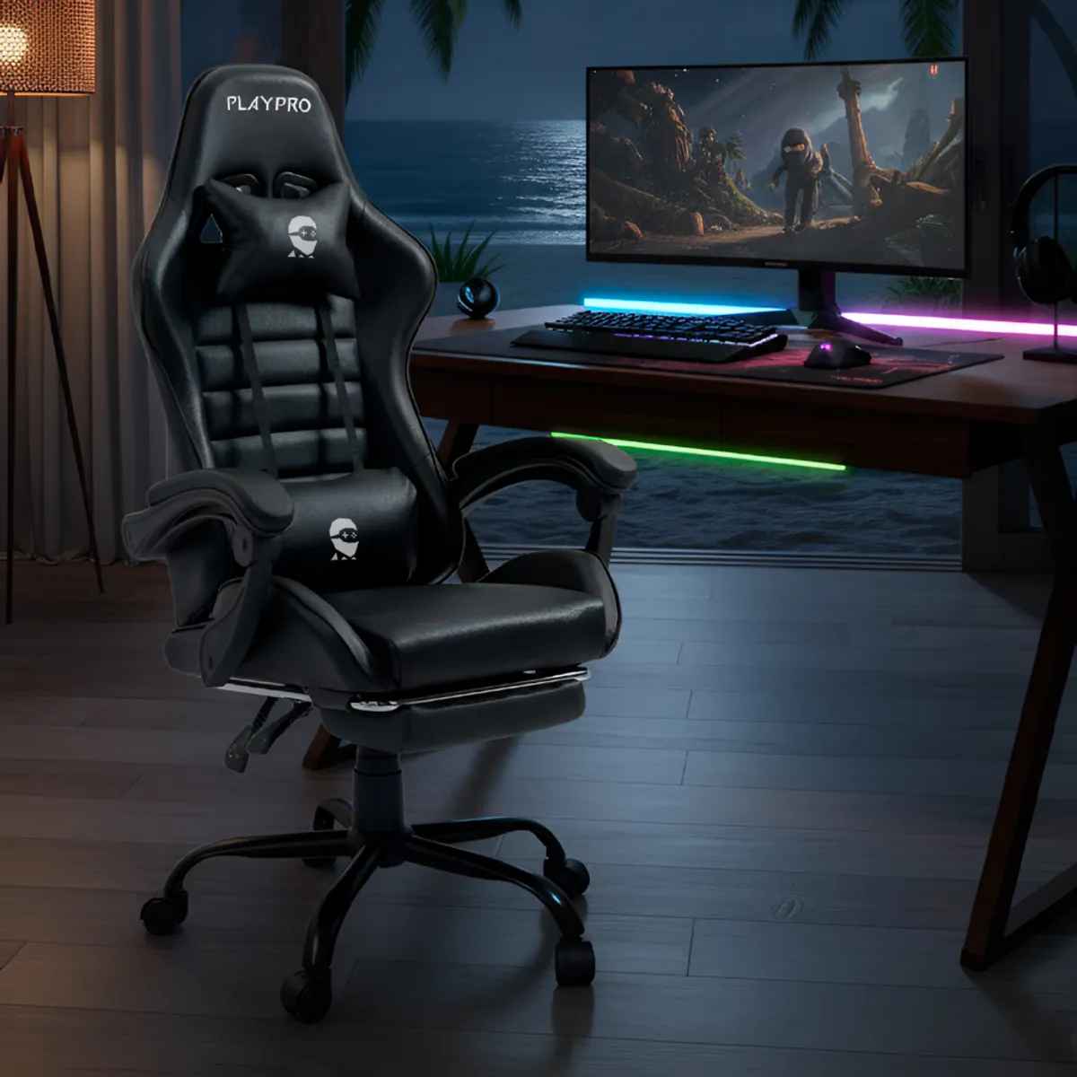 PLAYPRO - Silla Gamer Con Masajeador Lumbar Playpro X1 Negro Base de Metal