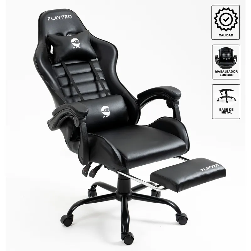 PLAYPRO - Silla Gamer Con Masajeador Lumbar Playpro X1 Negro Base de Metal