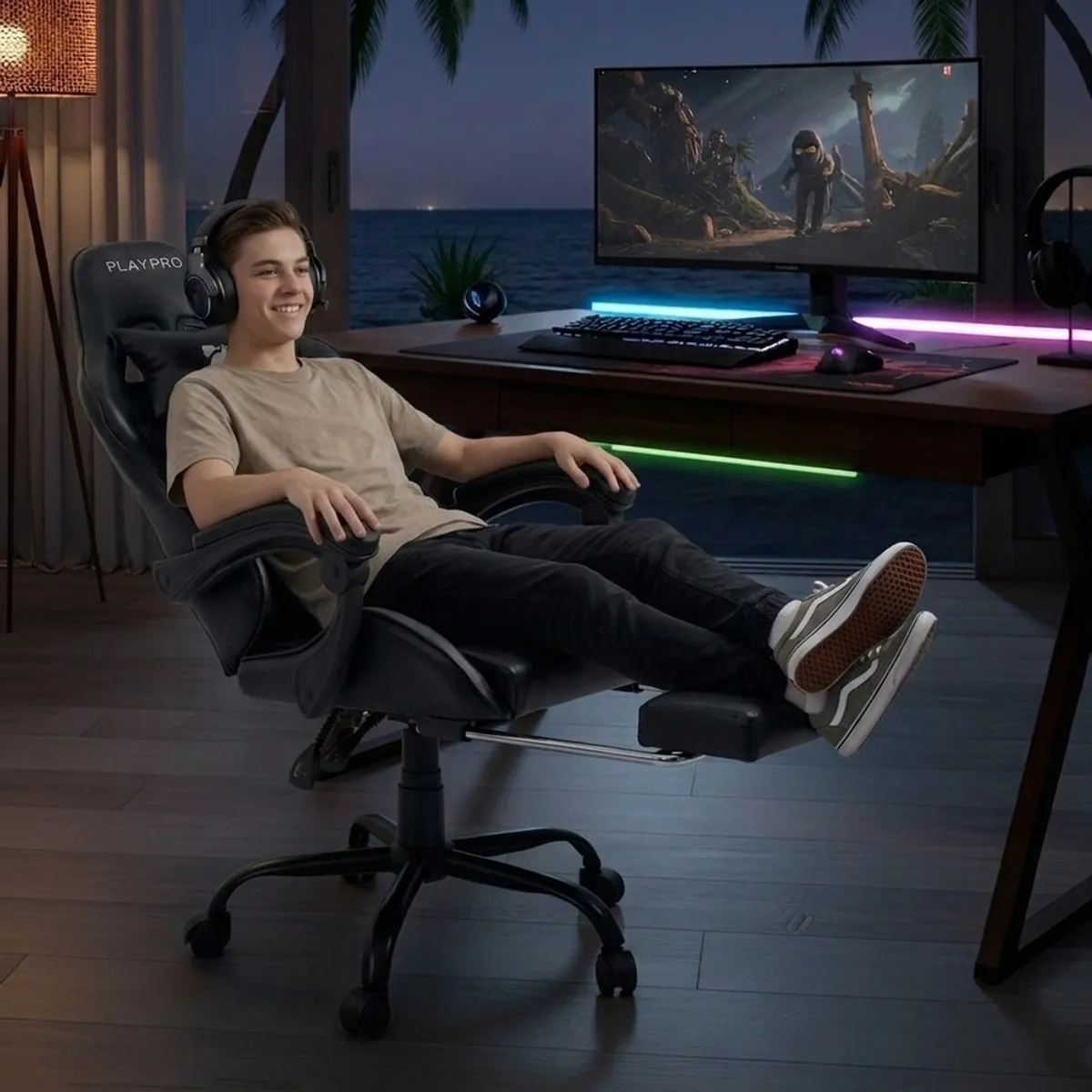 PLAYPRO - Silla Gamer Con Masajeador Lumbar Playpro X1 Negro Base de Metal
