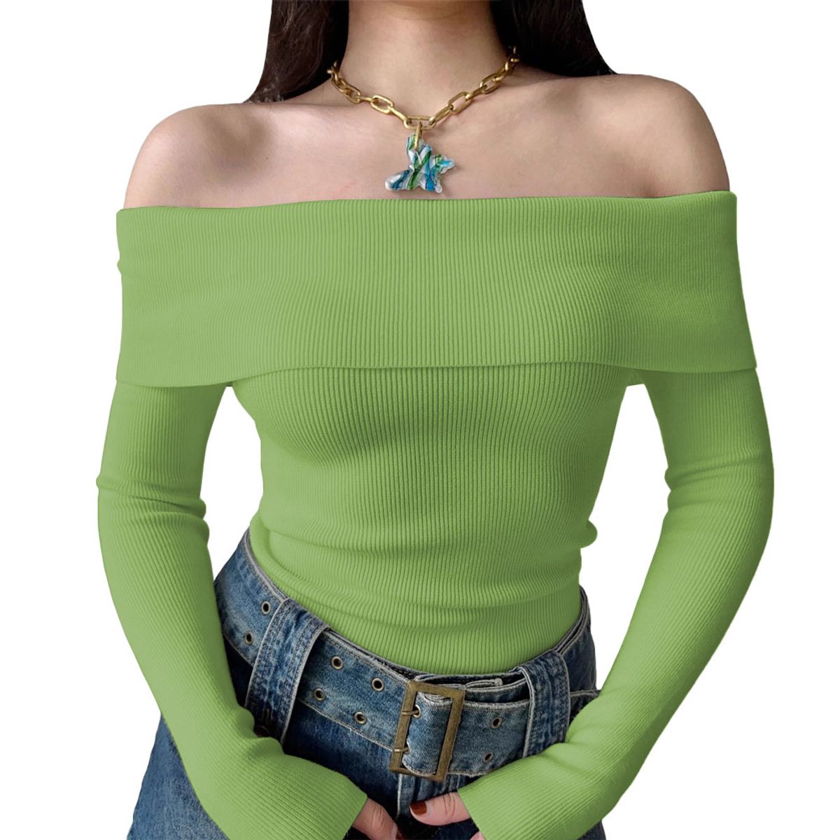 GENERICO - Polo Mujer Rumbera Manga Larga Rib Grueso New 710-16 Color Olivo