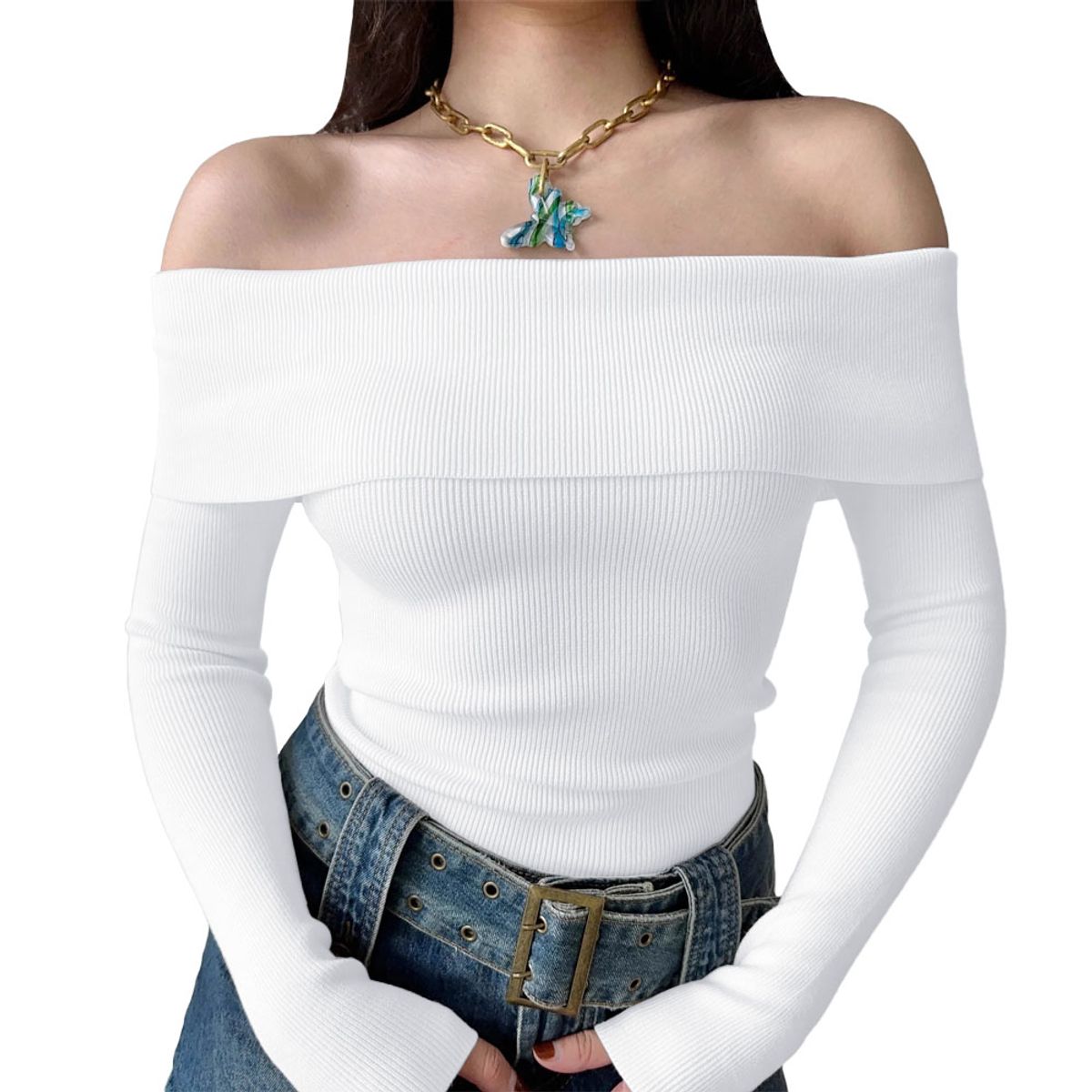 GENERICO - Polo Mujer Rumbera Manga Larga Rib Grueso New 710-16 Color Blanco