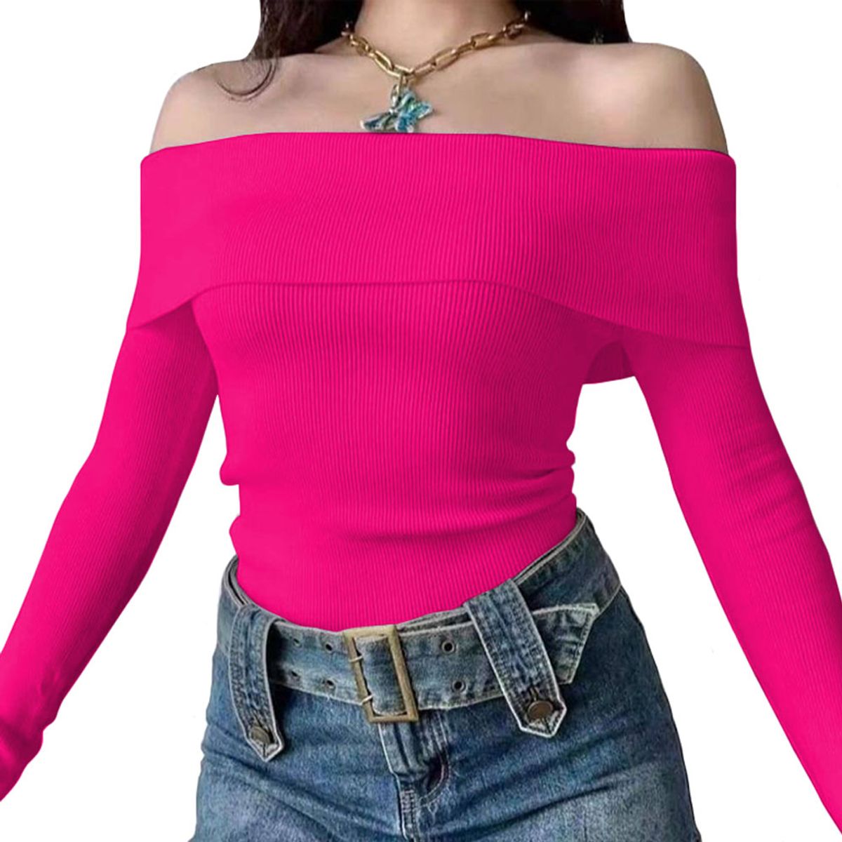 GENERICO - Polo Mujer Rumbera Manga Larga Rib Grueso New 710-16 Color Fucsia