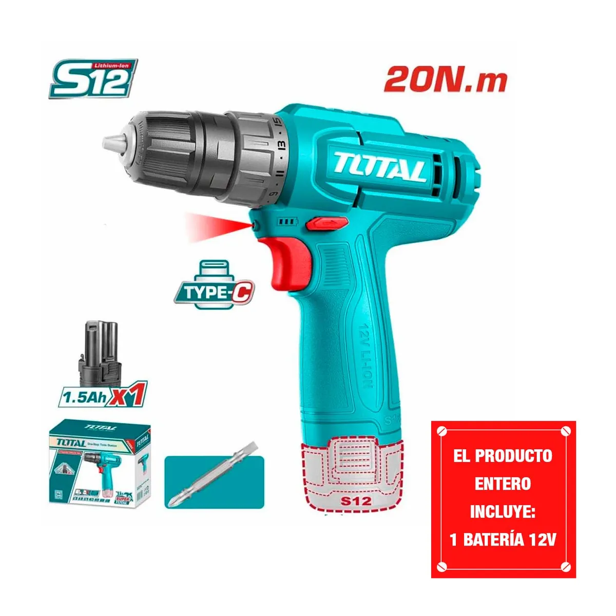 TOTAL TOOLS - Taladro Atornillador 12v Total Inalámbrico Madera Metal