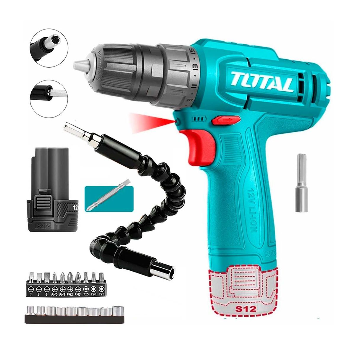 Total Tools - Taladro Atornillador 12v Total + Extensor Flex 21 Accesorios
