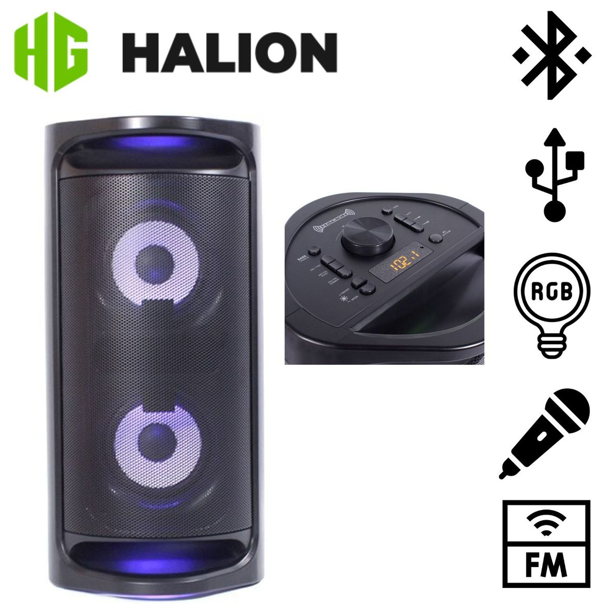 HALION - Parlante Portátil Halion HA-R63 150 W Recargable USB BT AUX Luces RGB