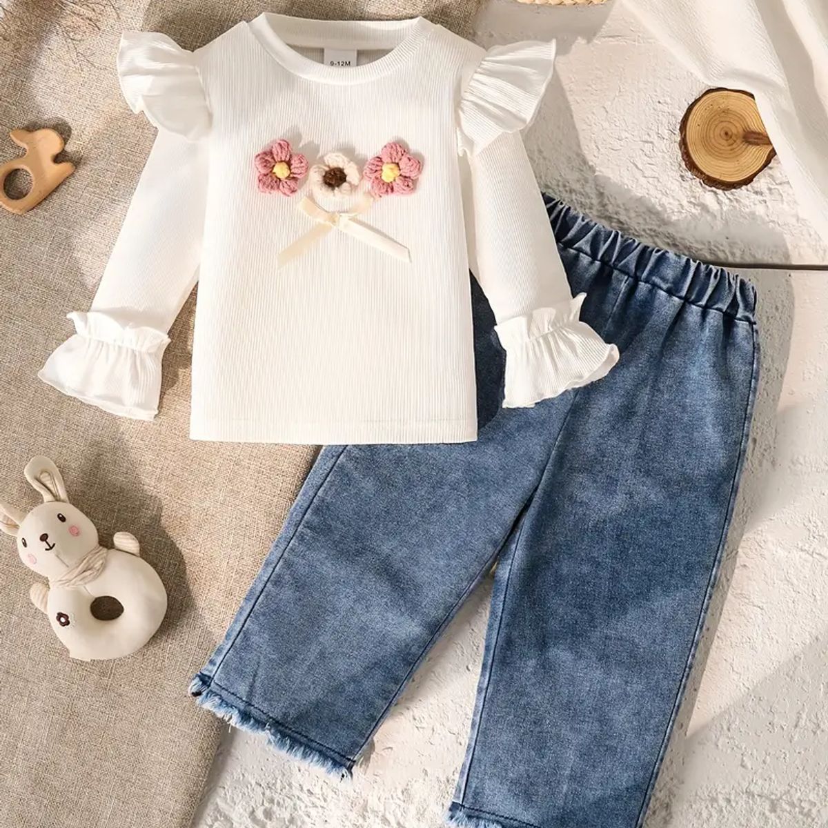 GENERICO - Blusa manga larga de flores y pantalón para bebés y niñas