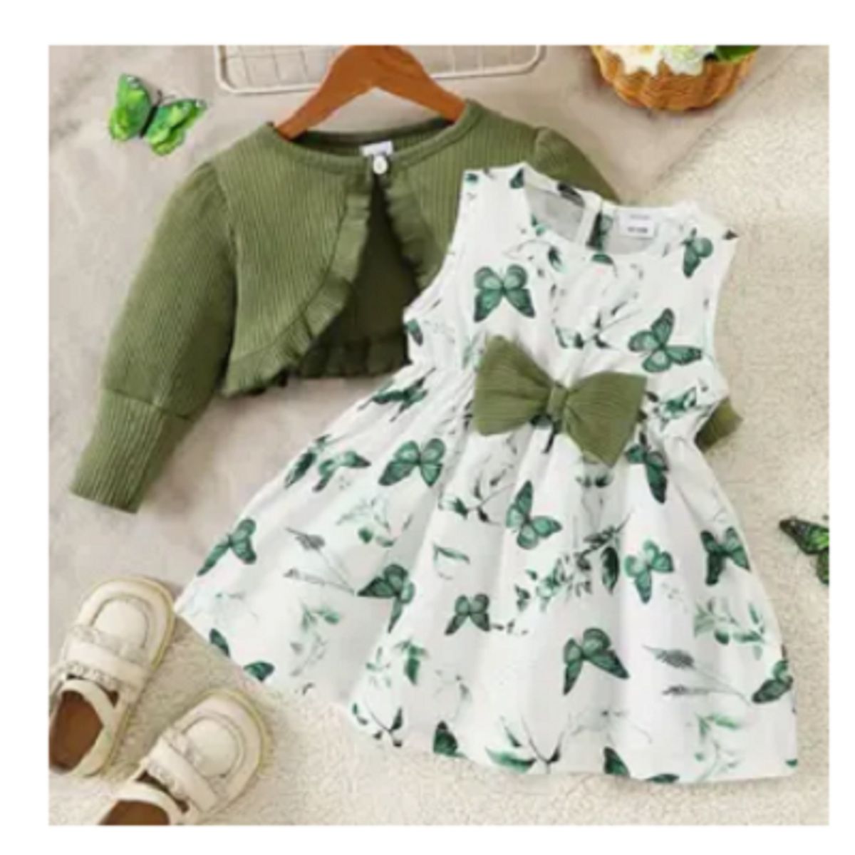 GENERICO - Vestido con estampado de mariposas y bolero verde para bebés y niñas