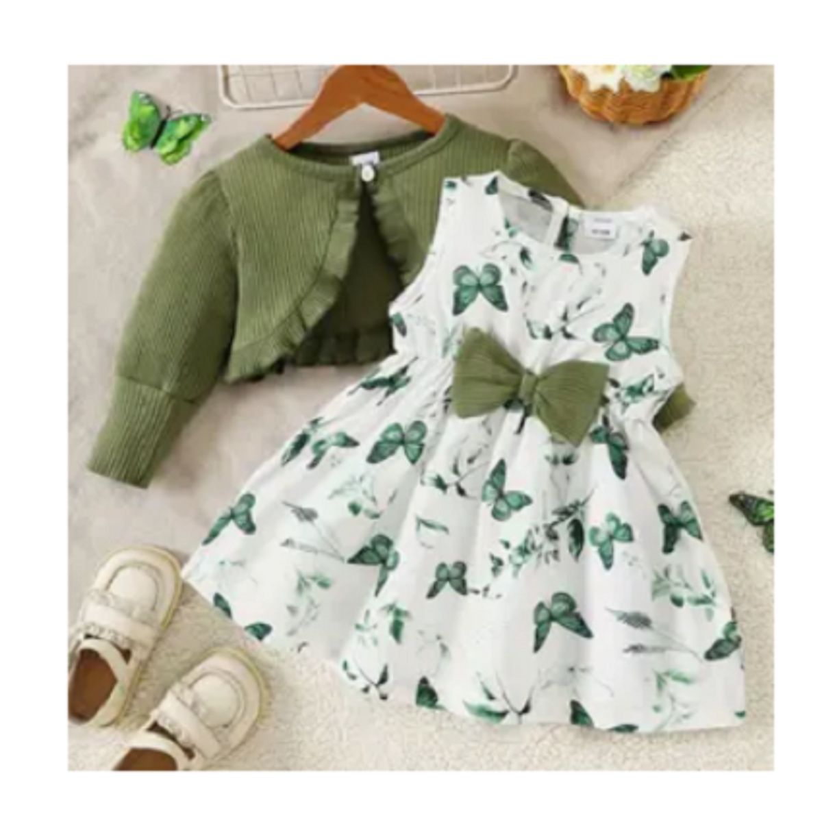 GENERICO - Vestido con estampado de mariposas y bolero verde para bebés y niñas