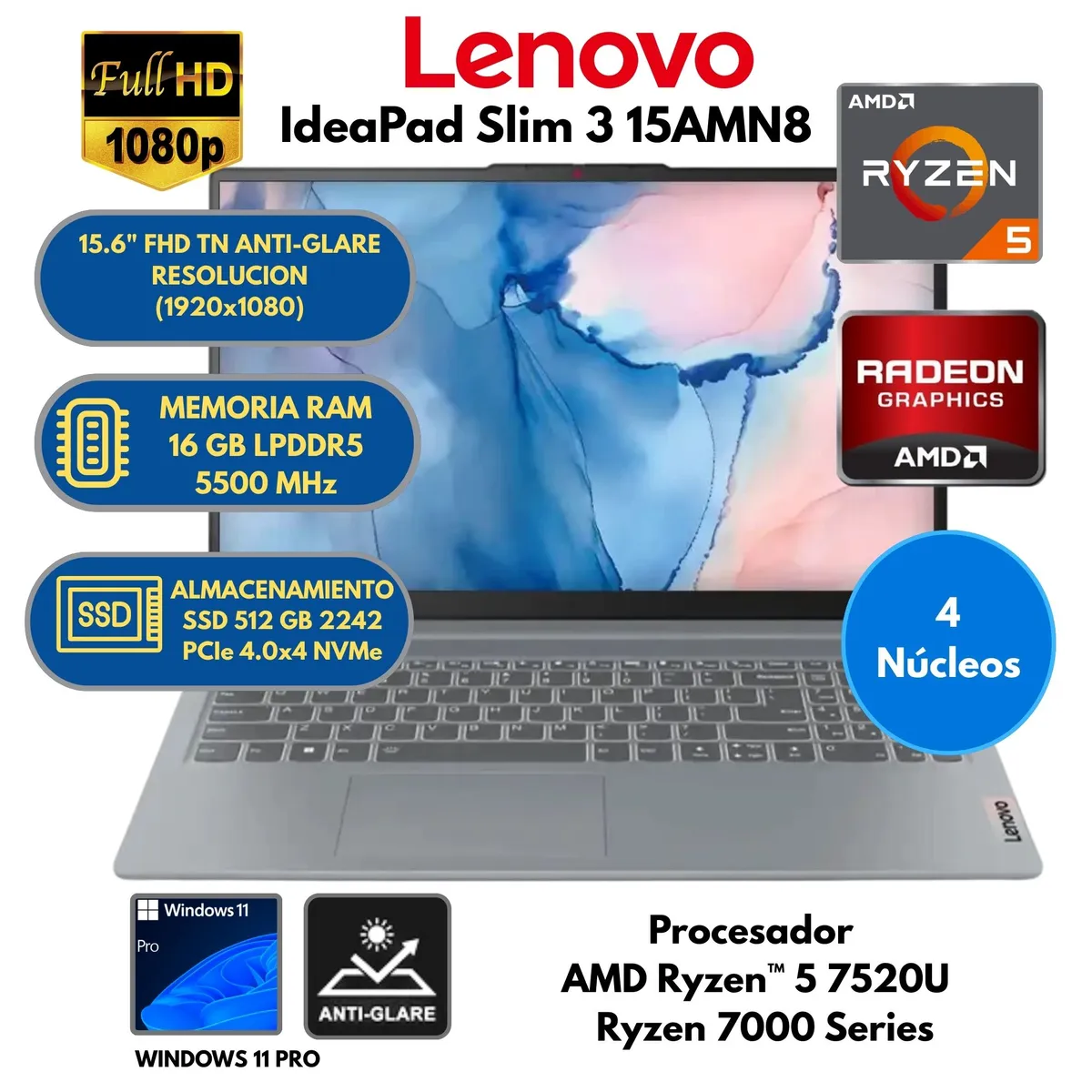 LENOVO - Laptop Lenovo IdeaPad Slim 3 15AMN8 AMD Ryzen™ 5 -RAM 16 GB SSD 512 GB 15.6" FHD Windows 11 PRO