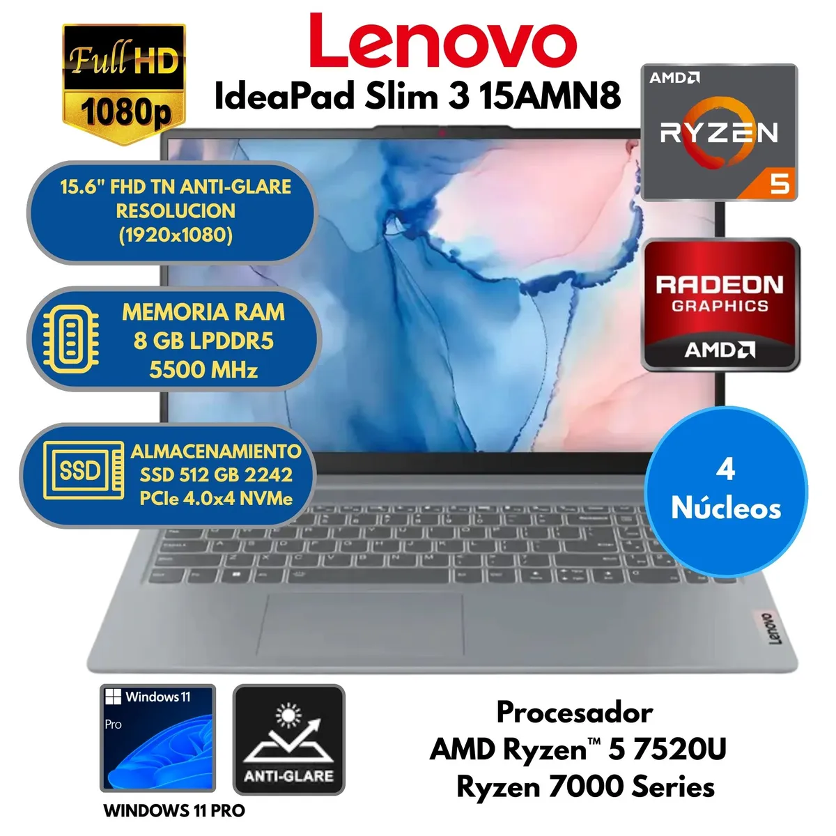 LENOVO - Laptop Lenovo AMD Ryzen 5 (IdeaPad Slim 3 15AMN8) RAM 8 GB SSD 512 GB 15.6" FHD Windows 11 PRO