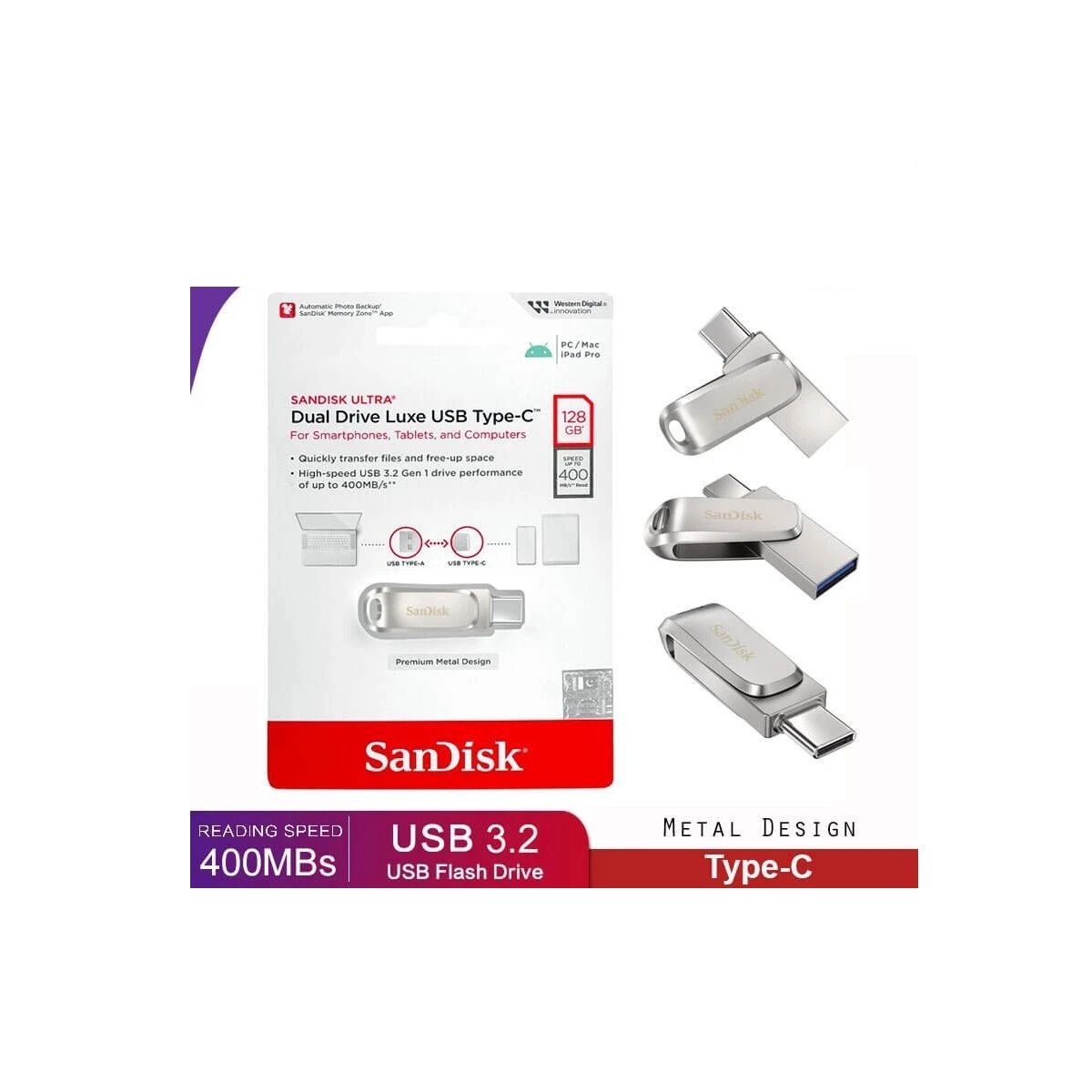SANDISK - Sandisk USB Flash Drive 128 Gb - Alta Velocidad Usb 3.2 GEN 1  Y Usb-C, Compacto Y Versátil