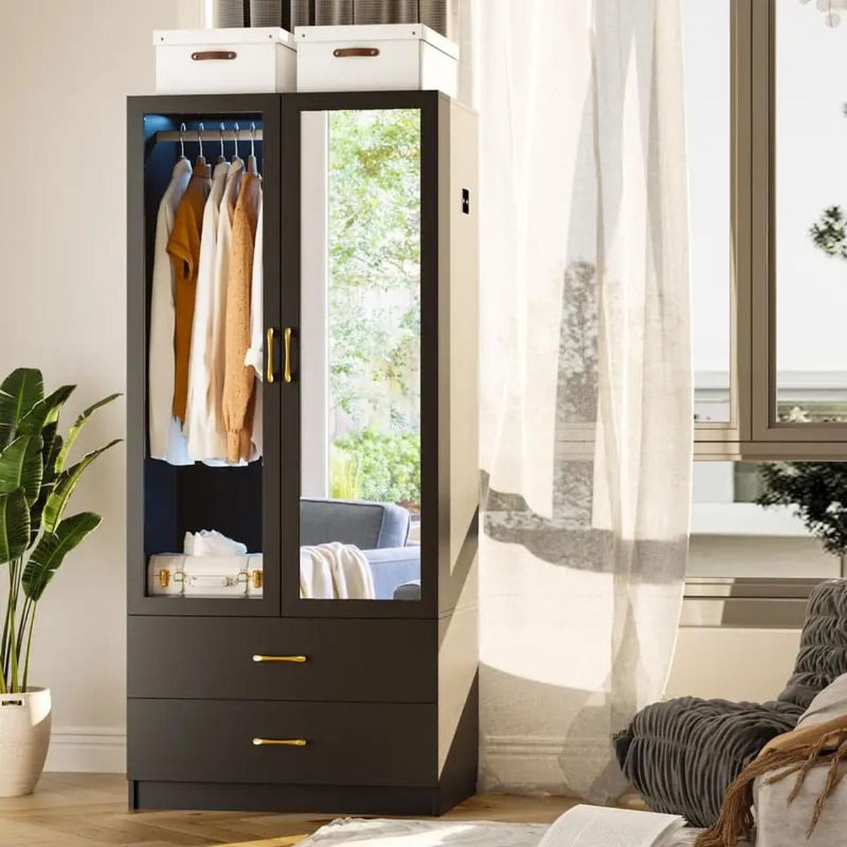 MUEBLES CRISOSTOMO - Ropero con Luces y Espejo Negro 80cm