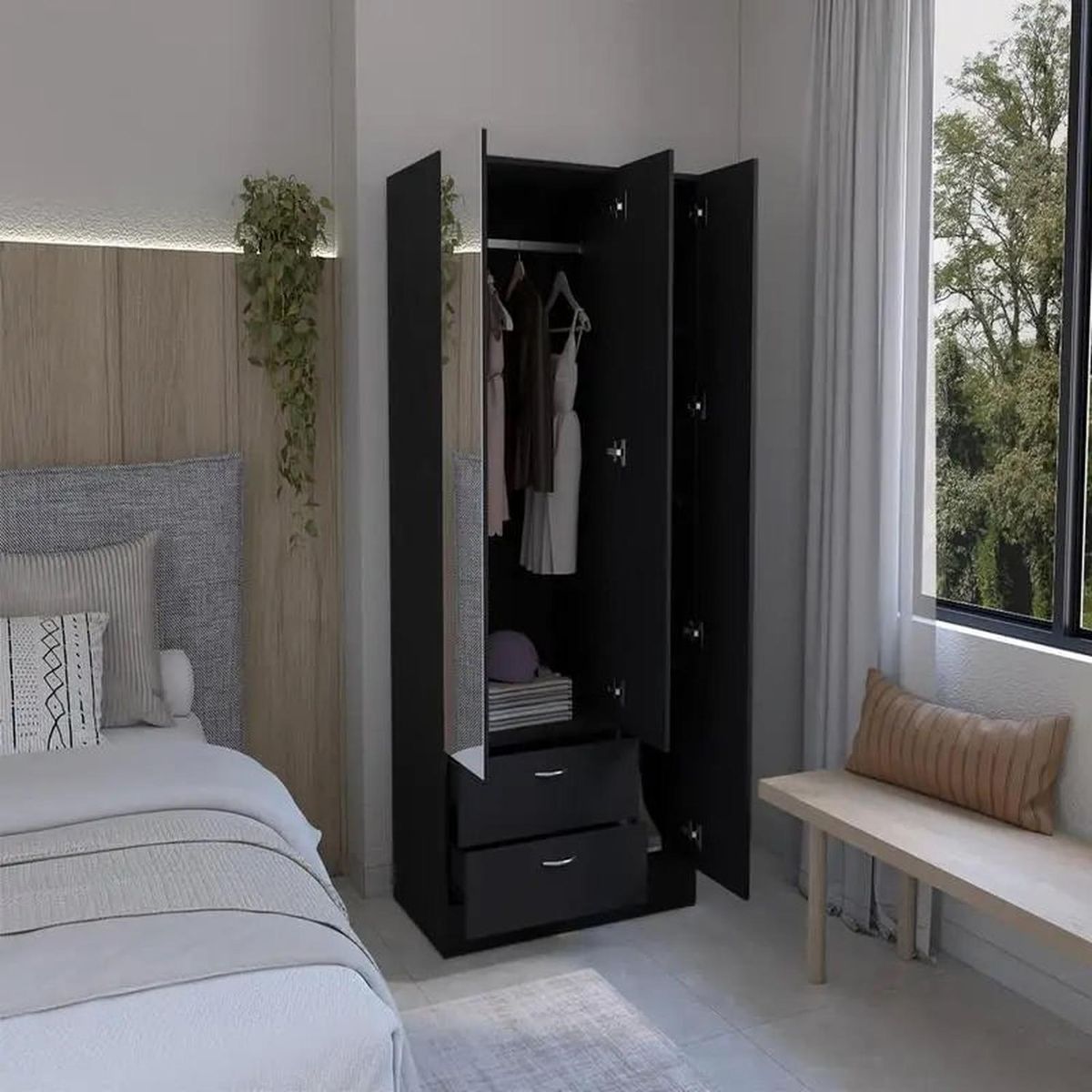 Ropero de Melamina con Espejo Negro 90cm, marca MUEBLES CRISOSTOMO - Foto 2