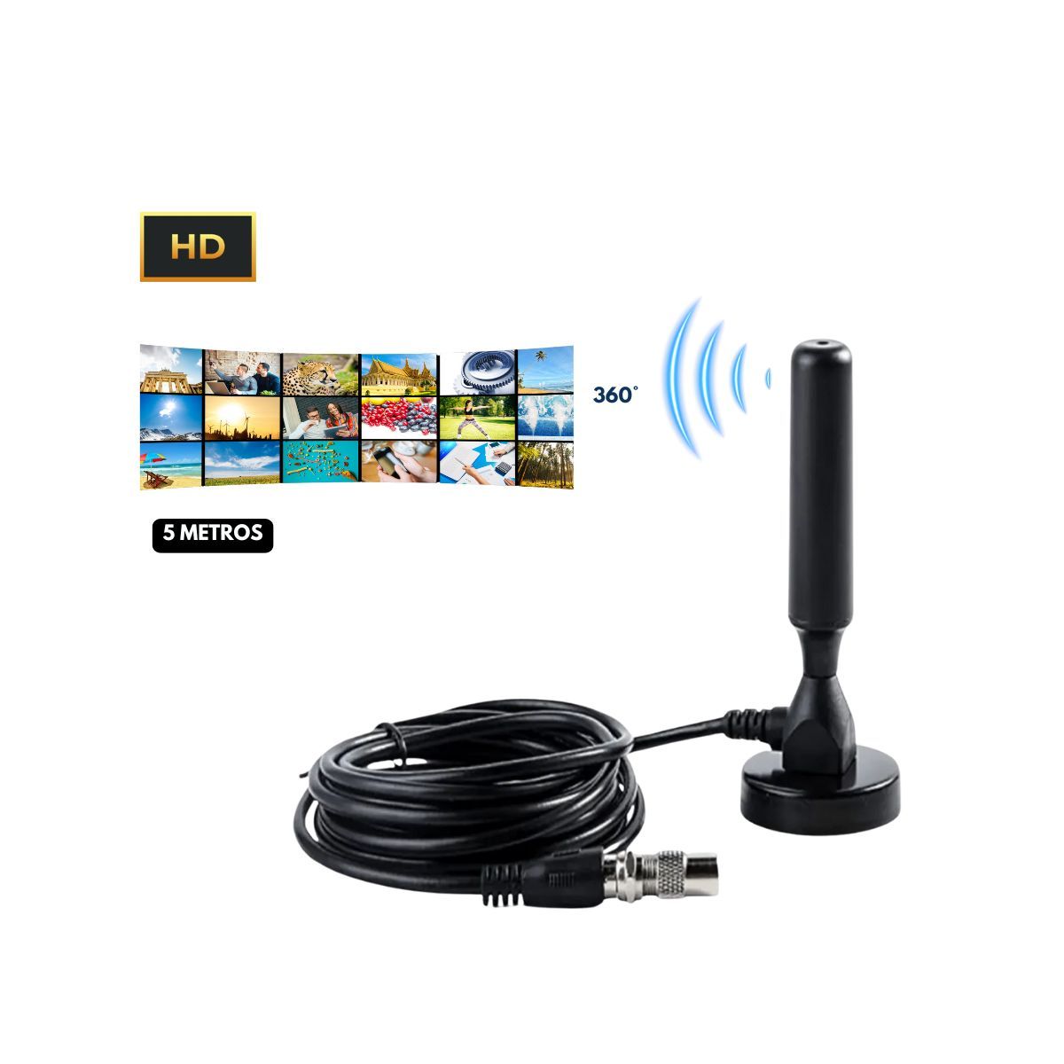 GENERICO - Antena de TV Digital HD 360° Base Magnética 5 Metros