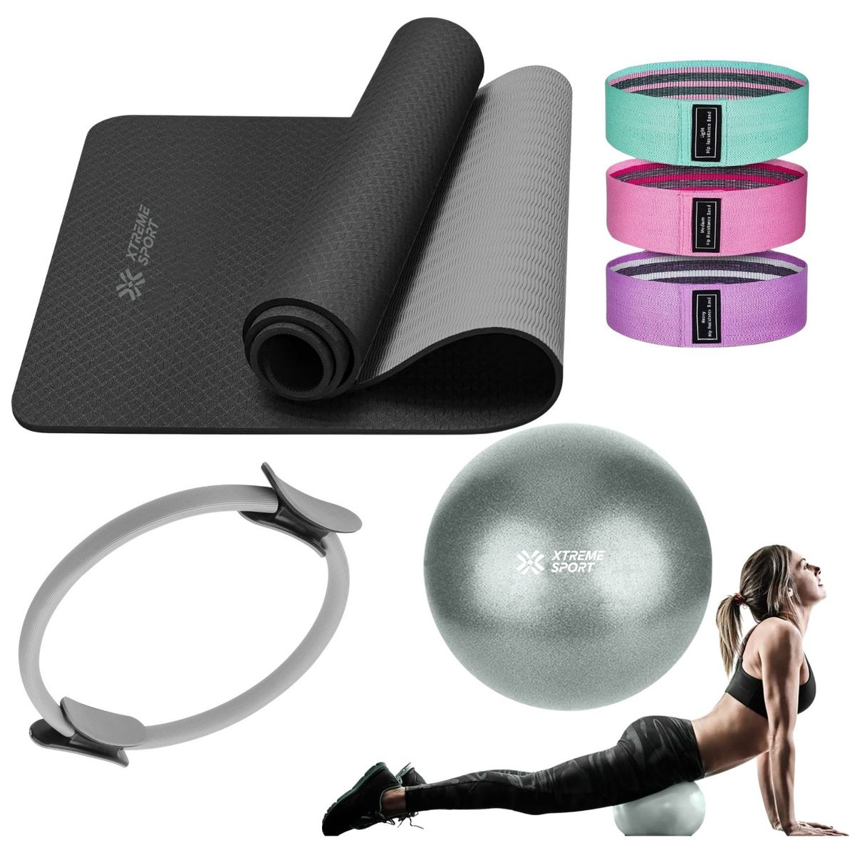 XTREME SPORT - Equipo de Pilates para Entrenamiento Pelota 25 cm+ Aro +Mat y Bandas