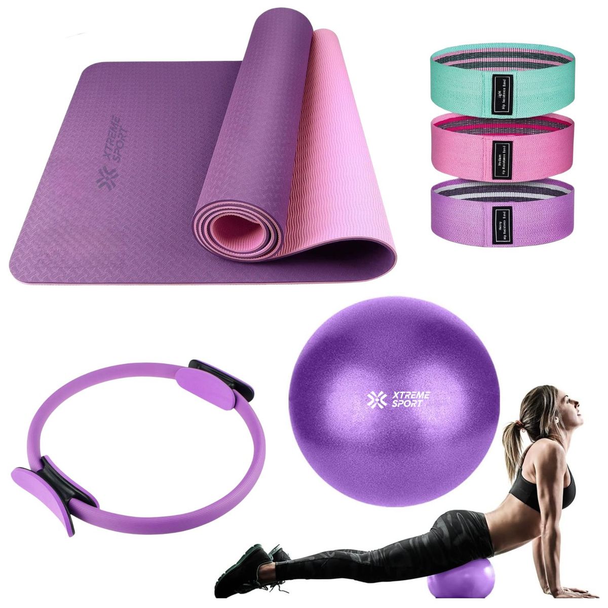 XTREME SPORT - Equipo de Pilates para Entrenamiento Pelota 25 cm+ Aro +Mat y Bandas