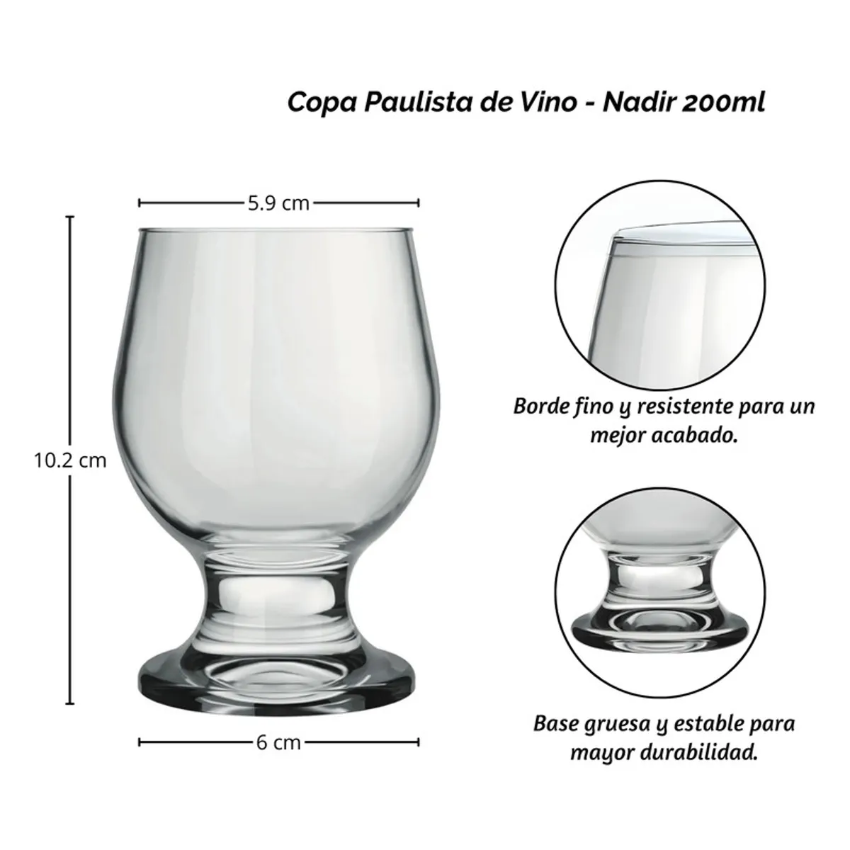 NADIR - Copa Paulista para Vino 200ml Set X6 Copa Vaso Resistente