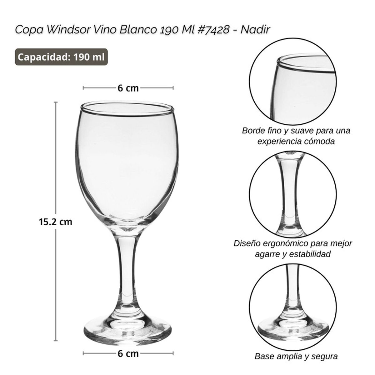 NADIR - Copas Vino Blanco Windsor 190ml Vidrio Set 12 Piezas