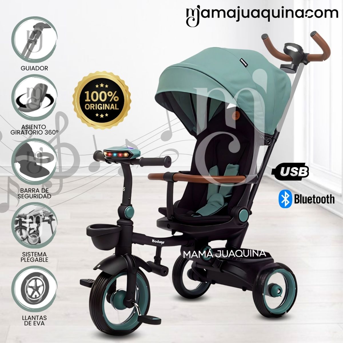 BABY - Triciclo Guiador Plegable «FOLDING» con Bluetooth Green