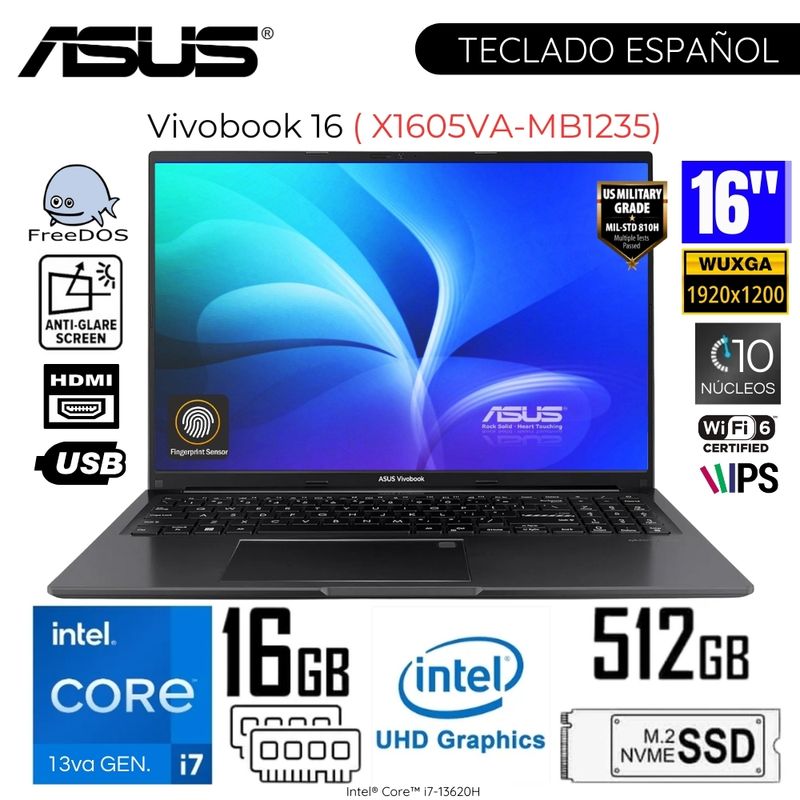 ASUS - Laptop Asus Vivobook X1605VA-MB1235 Intel Core i7-13620H 16GB RAM 512GB SSD 16 WUXGA - Indie Black