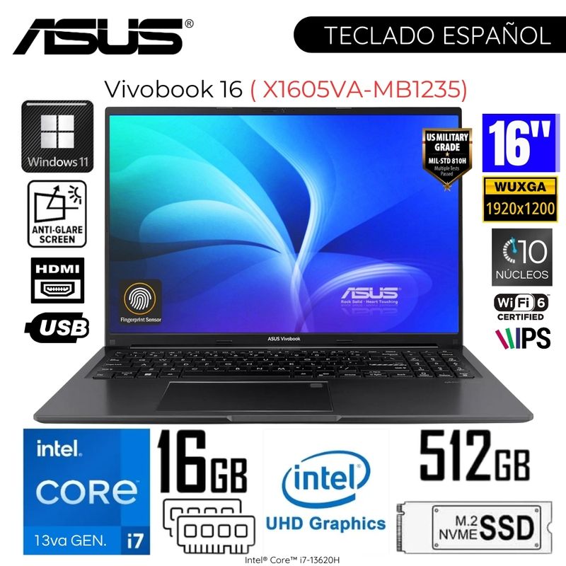 ASUS - Laptop Asus Vivobook X1605VA-MB1235 Intel Core i7-13620H 16GB RAM 512GB SSD 16 WUXGA - Indie Black