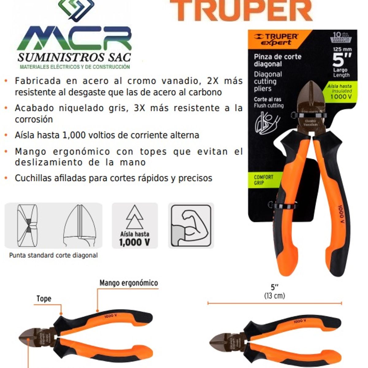 TRUPER - ALICATE AISLADO 1000V CORTE DIAGONAL 5” 13cm TRUPER