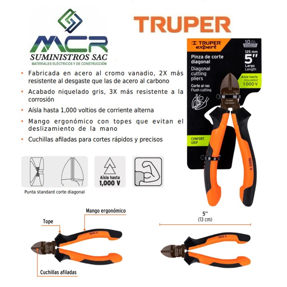 TRUPER - ALICATE AISLADO 1000V CORTE DIAGONAL 5” 13cm TRUPER