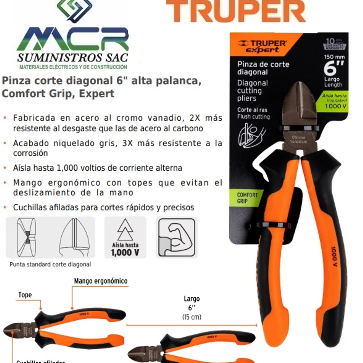 TRUPER - ALICATE AISLADO 1000V CORTE DIAGONAL 6” 15cm TRUPER