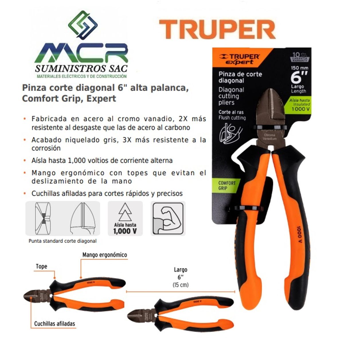 TRUPER - ALICATE AISLADO 1000V CORTE DIAGONAL 6” 15cm TRUPER
