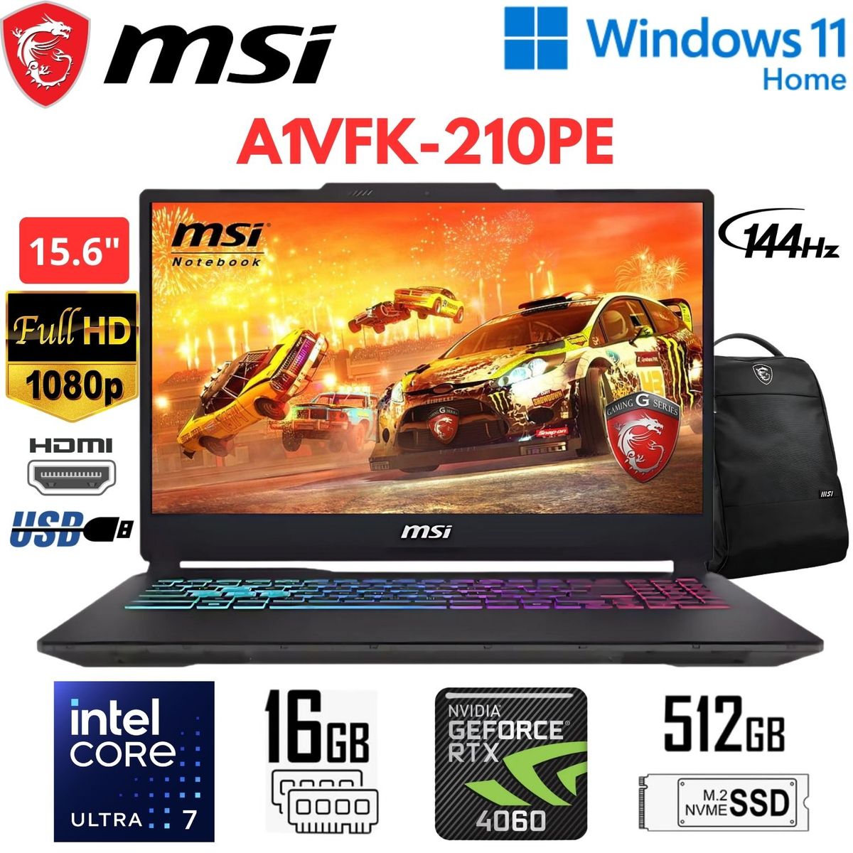 MSI - laptop MSI CYBORG 15 AI A1VFK-210PE 15.6" FHD CORE ULTRA 7 RTX4060-8GB 16 RAM 512GB SSD + MOCHILA