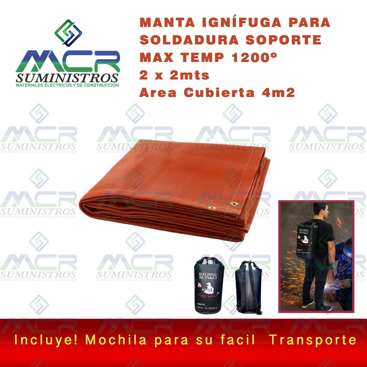 GENERICO - MANTA IGNIFUGA PARA SOLDAR O ALFOMBRA DE 2 x2m 1200°C ROJO