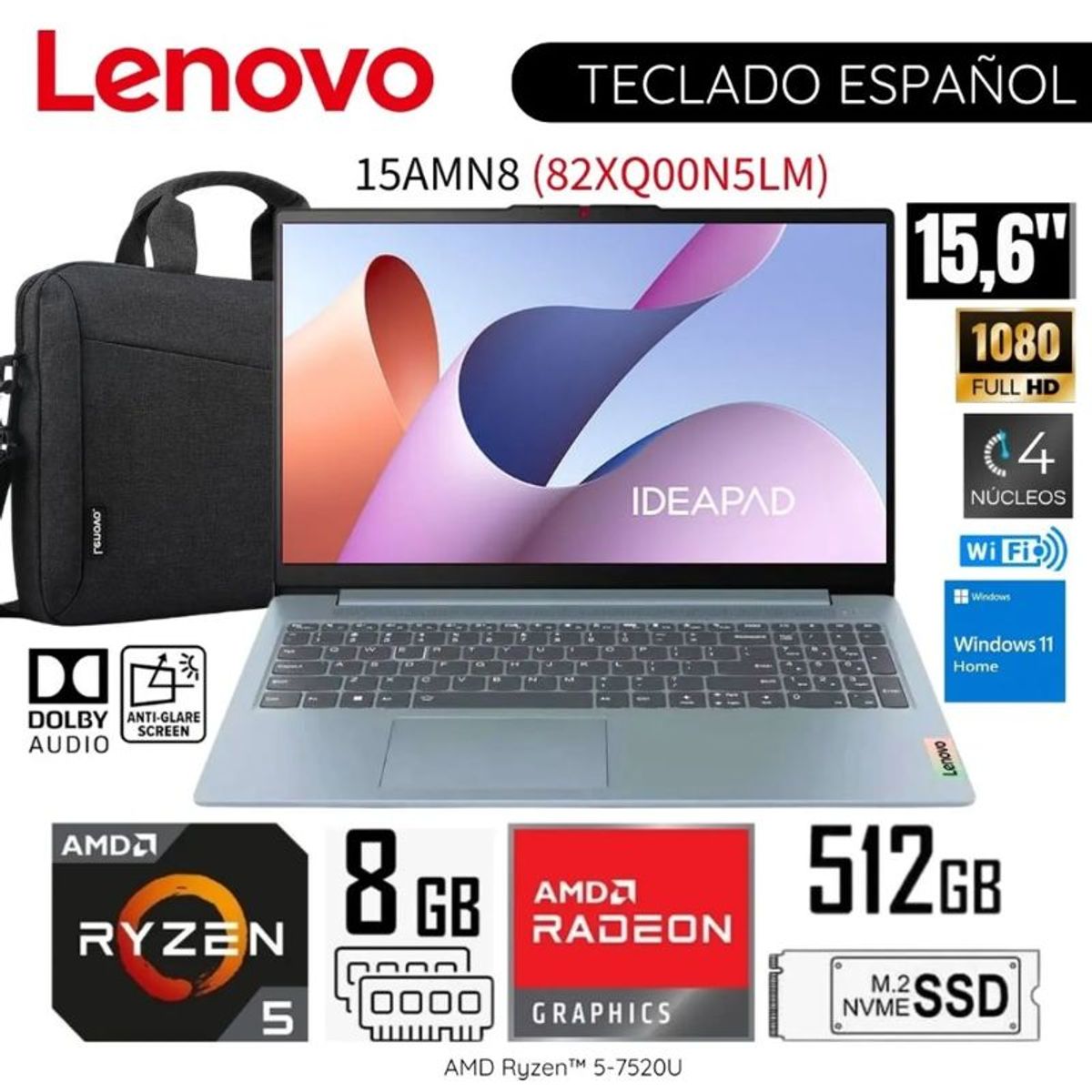 LENOVO - Laptop Lenovo Ideapad Slim 3 15AMN8 AMD Ryzen 5-7520U 8GB 512GB SSD 15.6" Free Dos