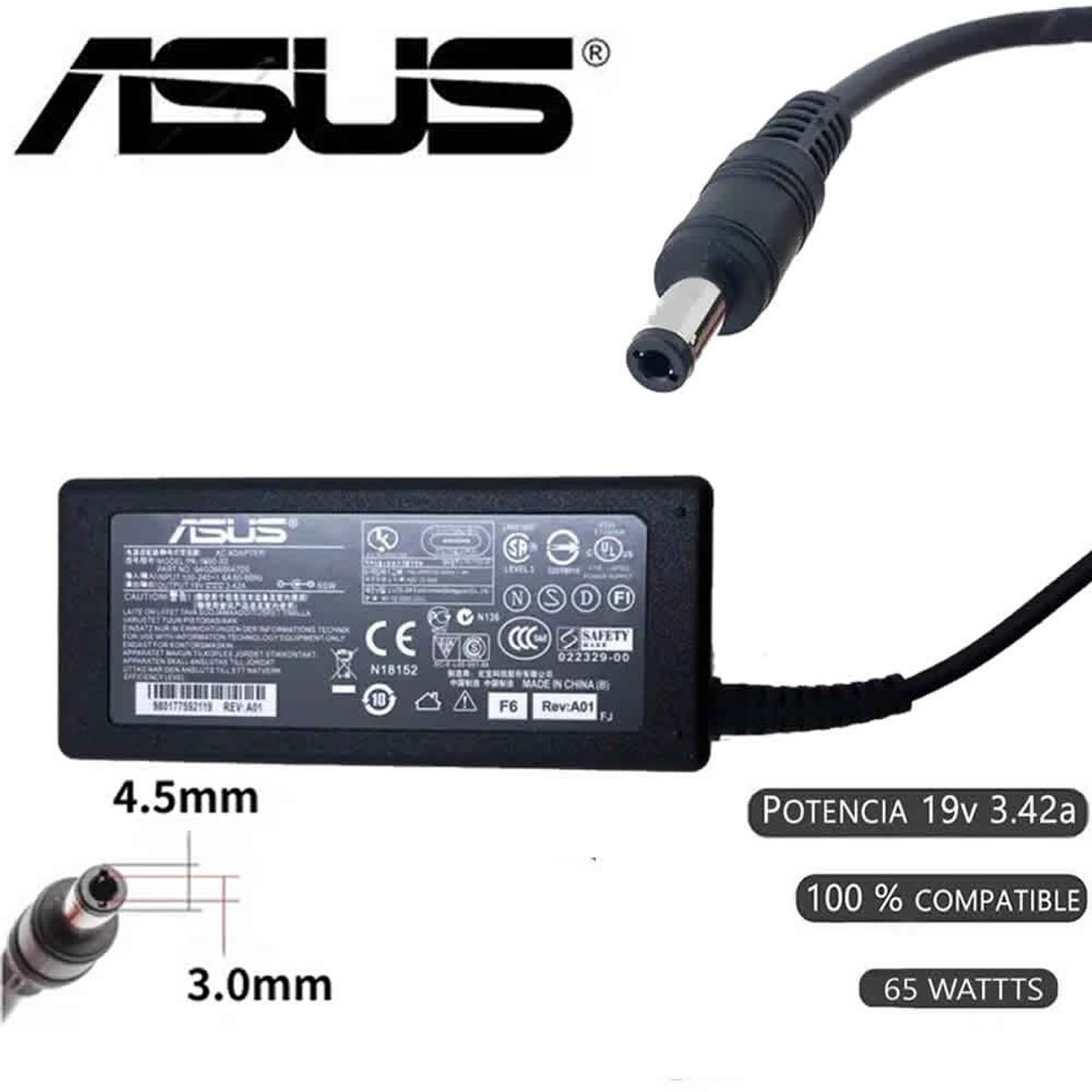 GENERICO - CARGADOR COMPATIBLE  PARA ASUS 19V 342A 65W 4.5x3.0 PUNTA DELGADA