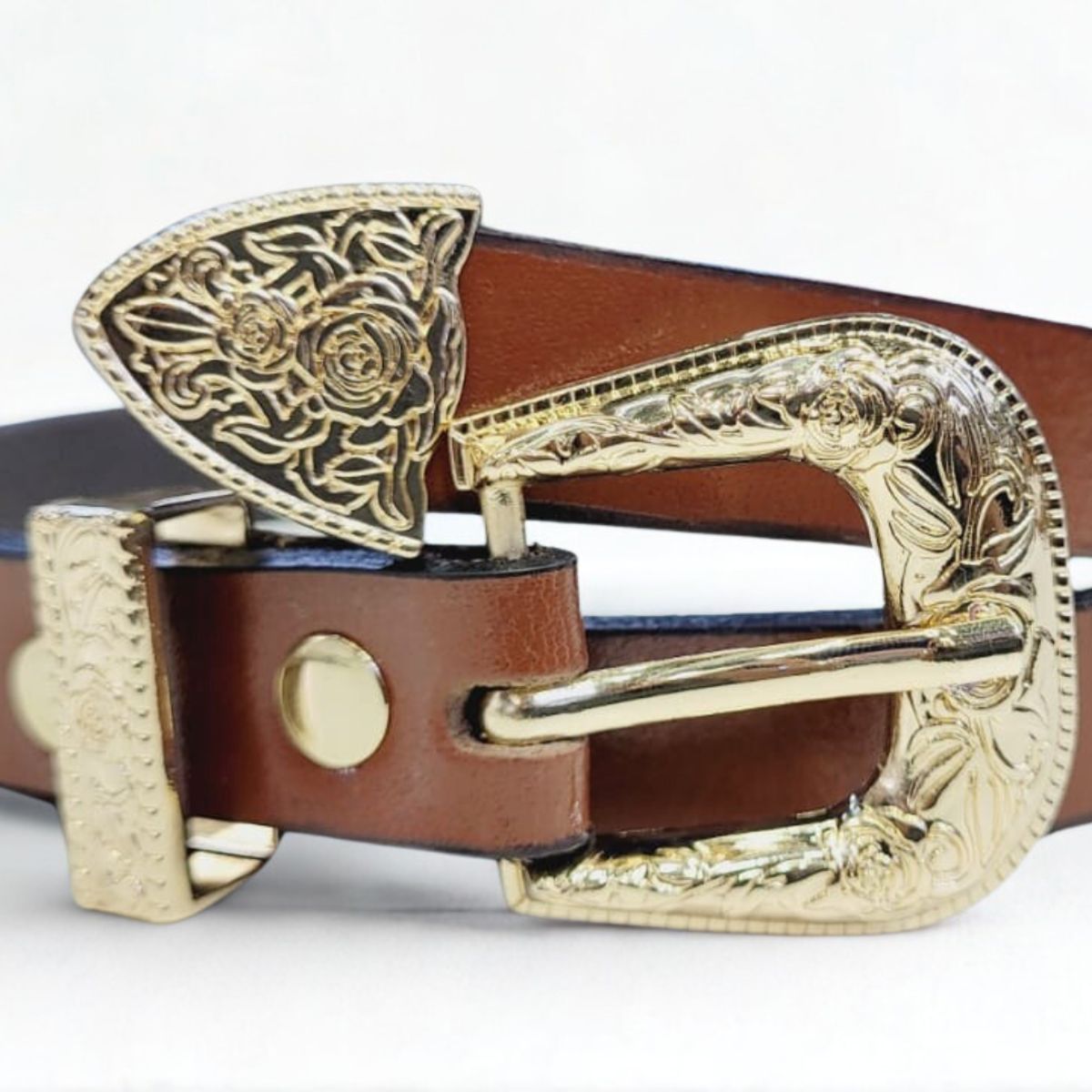 LEMANT'S - Correa Cinturón Dama Cuero Genuino - Hebilla Grabada Dorada