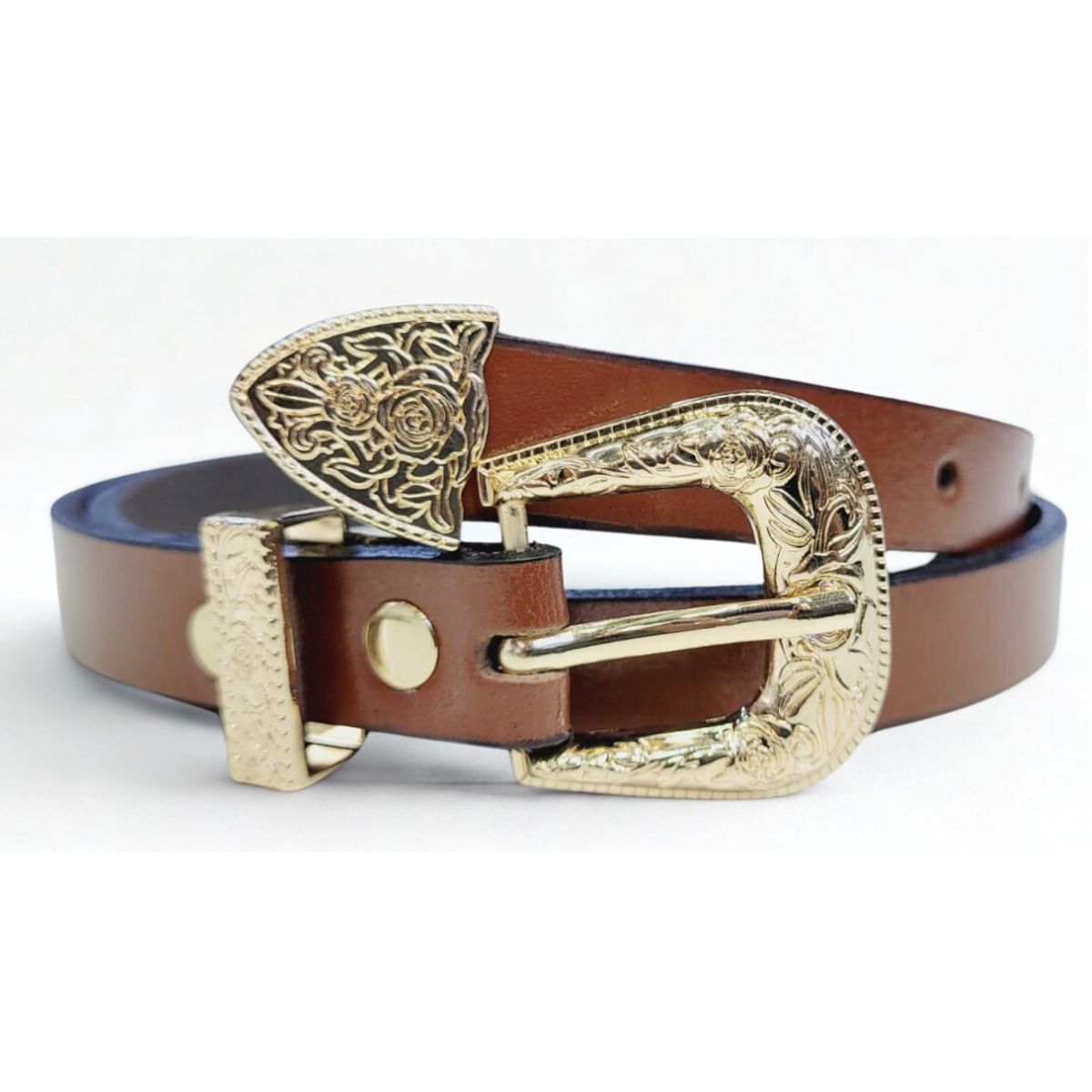 LEMANT'S - Correa Cinturón Dama Cuero Genuino - Hebilla Grabada Dorada