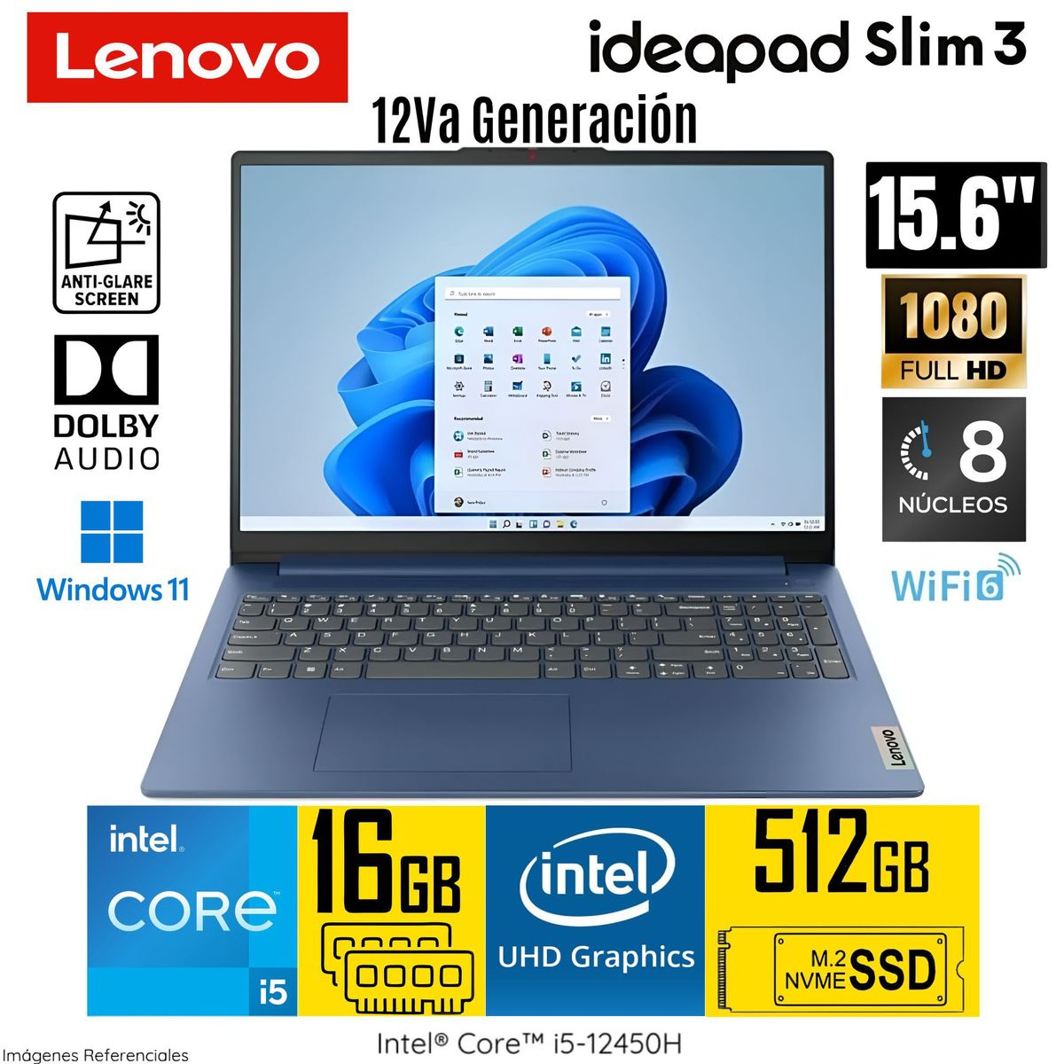 LENOVO - LAPTOP LENOVO IDEAPAD SLIM 3 15IAH8 INTEL CORE I5 12°Gen 16GB RAM 512GB SSD 15.6" FHD Wind 83ER001DLM