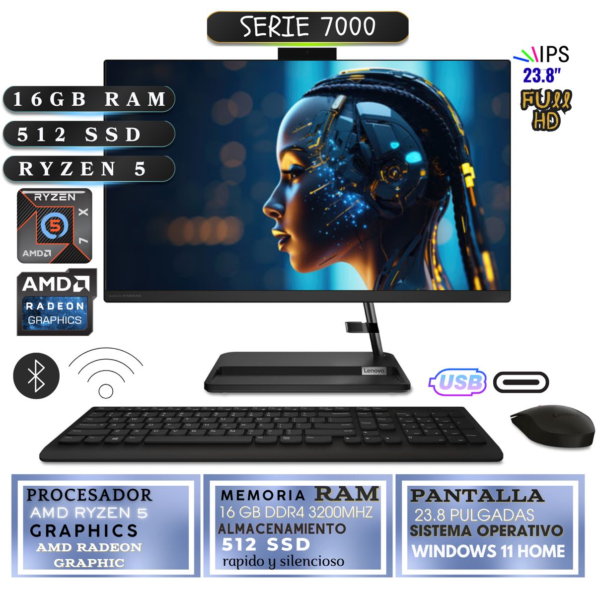 LENOVO - All in One Lenovo IdeaCentre AIO 3 AMD Ryzen 5 7430U, 16GB ram, 512GB SSD