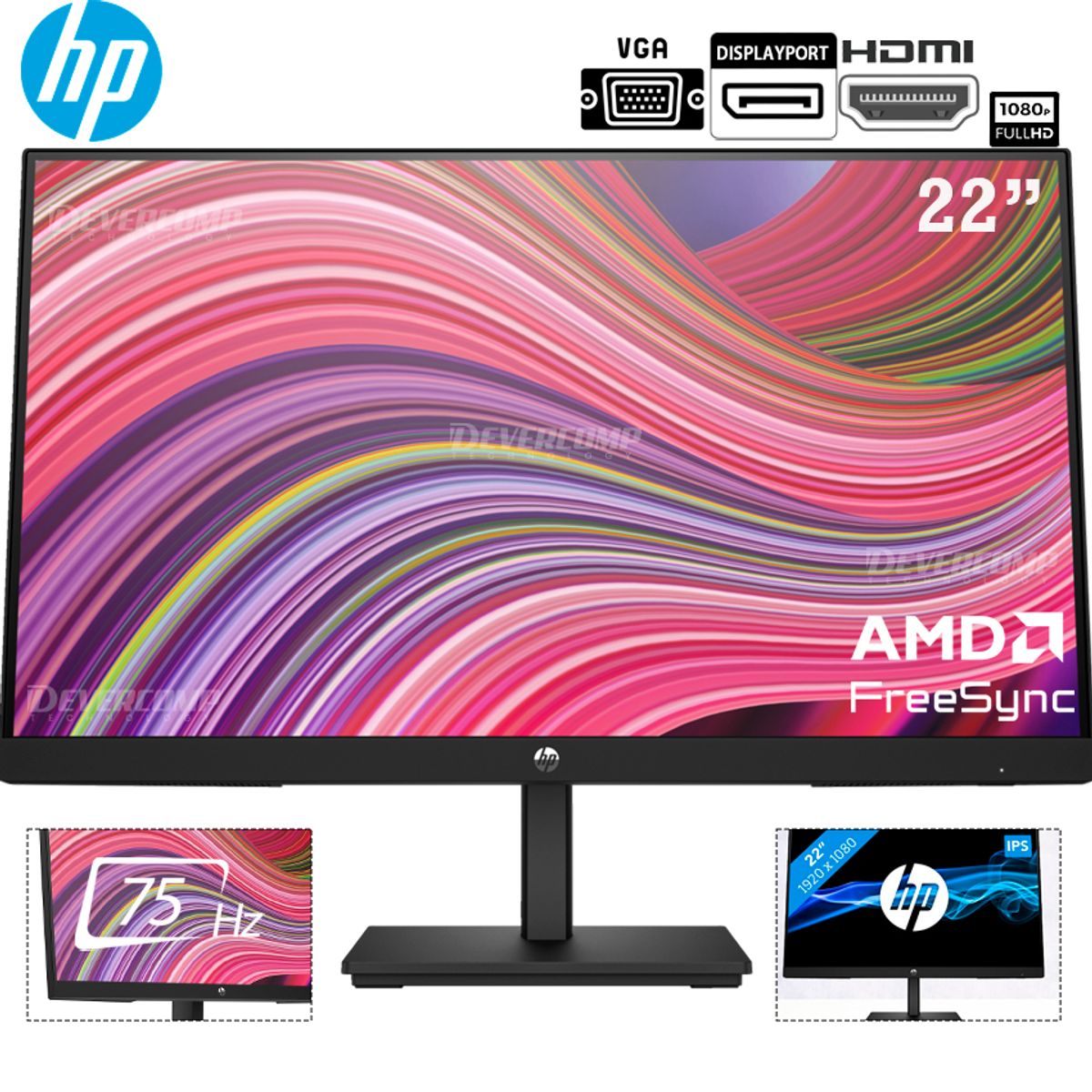 HP - Monitor HP V22i G5 22' Full HD IPS 75Hz HDMI  DP